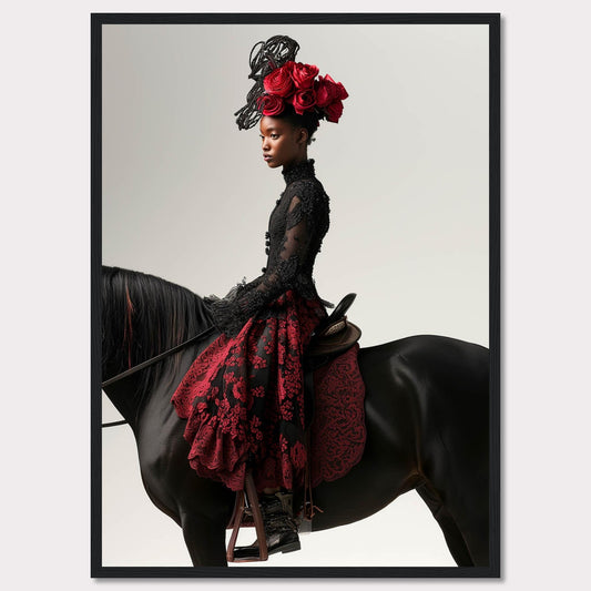 This striking image features a poised woman in an elegant black and red lace dress, adorned with an elaborate headpiece of red roses. She sits gracefully on a majestic black horse, exuding confidence and sophistication.