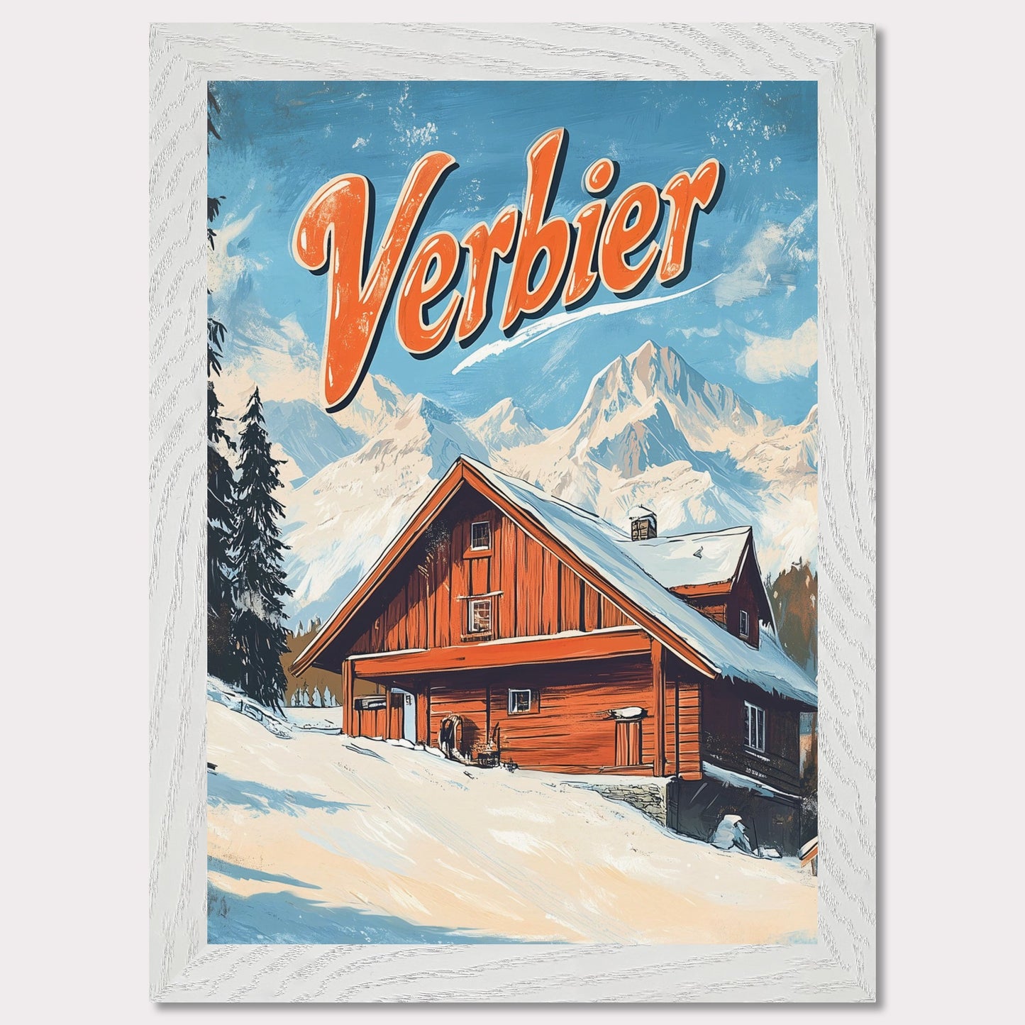 This vintage-inspired poster features a charming wooden chalet nestled against the stunning mountains of Verbier. The warm tones of the cabin contrast beautifully with the snowy landscape and towering peaks, creating a welcoming, serene winter scene. The retro design with bold typography invites viewers to imagine a peaceful retreat in the heart of the Swiss Alps, where adventure and comfort come together.