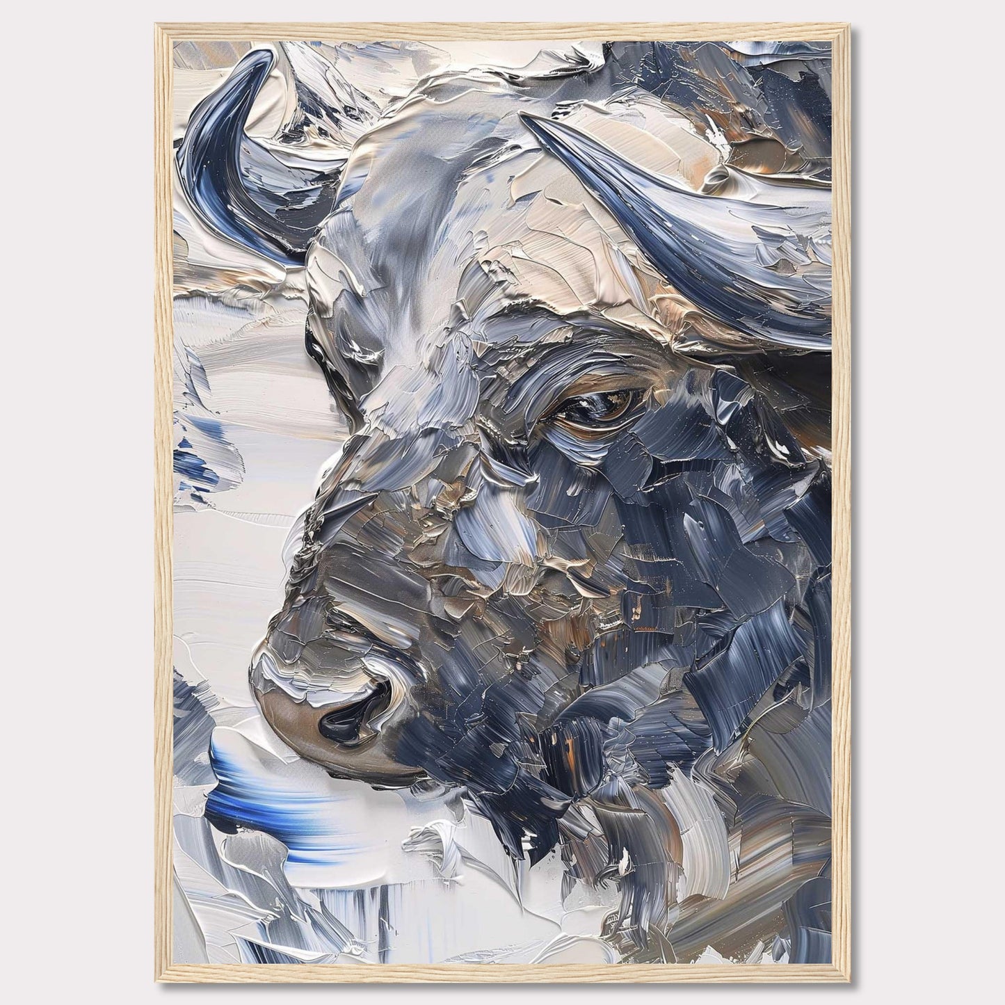 This stunning artwork captures the powerful essence of a bull through bold, textured brushstrokes. The painting's rich, earthy tones and dynamic use of color create a sense of strength and majesty.