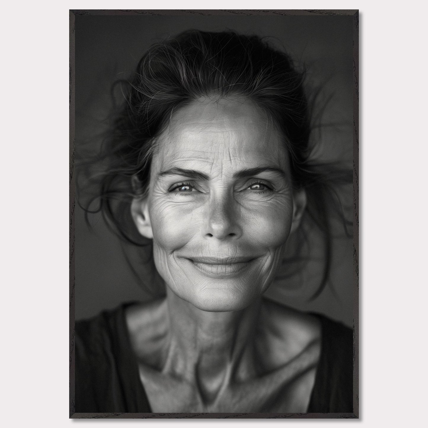 This black and white portrait captures a serene, smiling elderly woman with expressive eyes and fine wrinkles that tell a story of a life well-lived. The close-up shot highlights her natural beauty and the depth of her character.