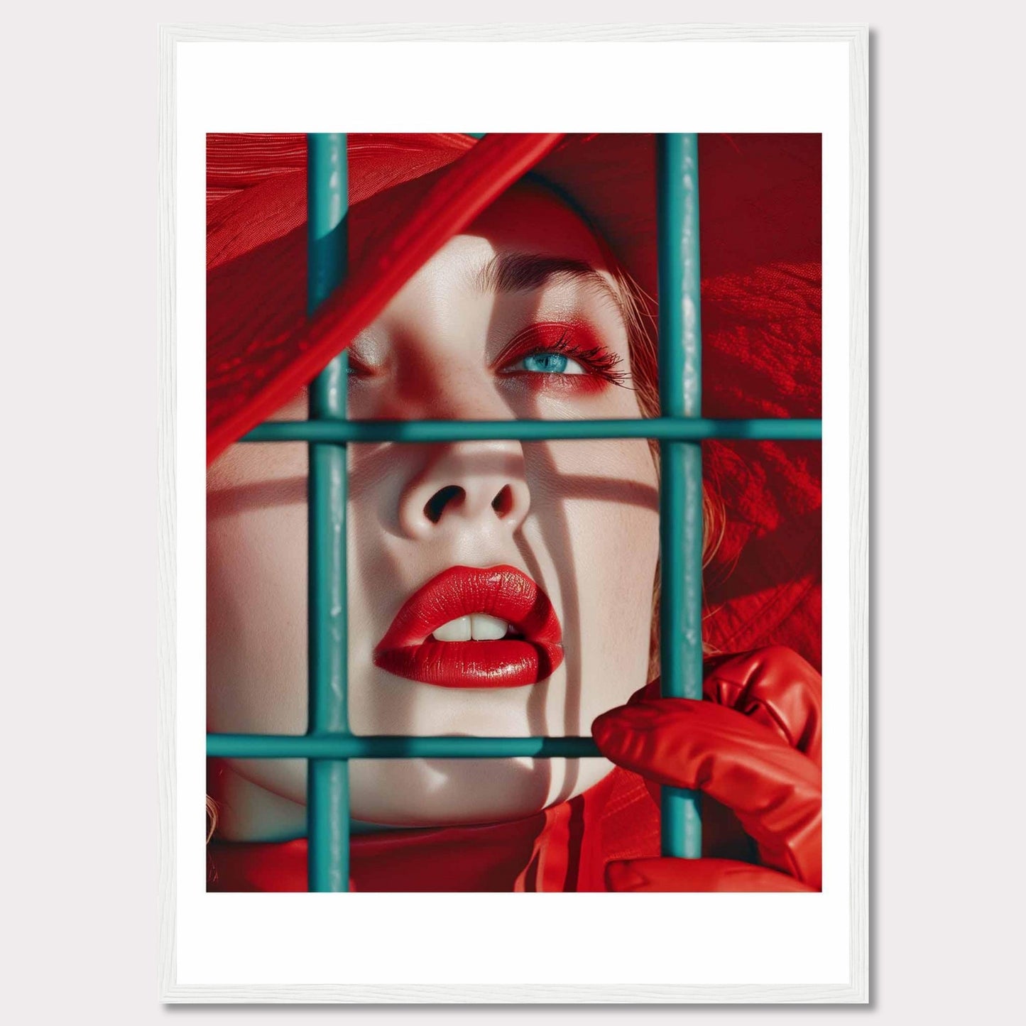 This striking portrait captures a close-up of a woman's face, emphasizing her vibrant red lips and eye makeup. She is framed behind teal bars, adding a sense of intrigue and contrast to the image. The vivid red hat and gloves complement her makeup, creating a bold and captivating visual. This artwork evokes a sense of mystery and allure.