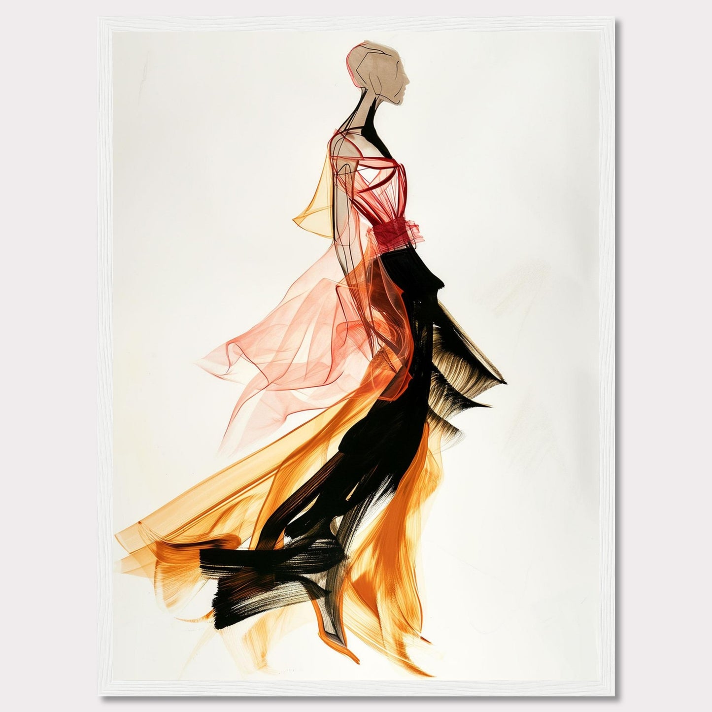 This captivating artwork showcases a fashion illustration of a figure in a flowing, vibrant dress. The dress features dynamic colors and textures, blending red, orange, and black hues. The abstract style and fluid lines create a sense of movement and elegance.