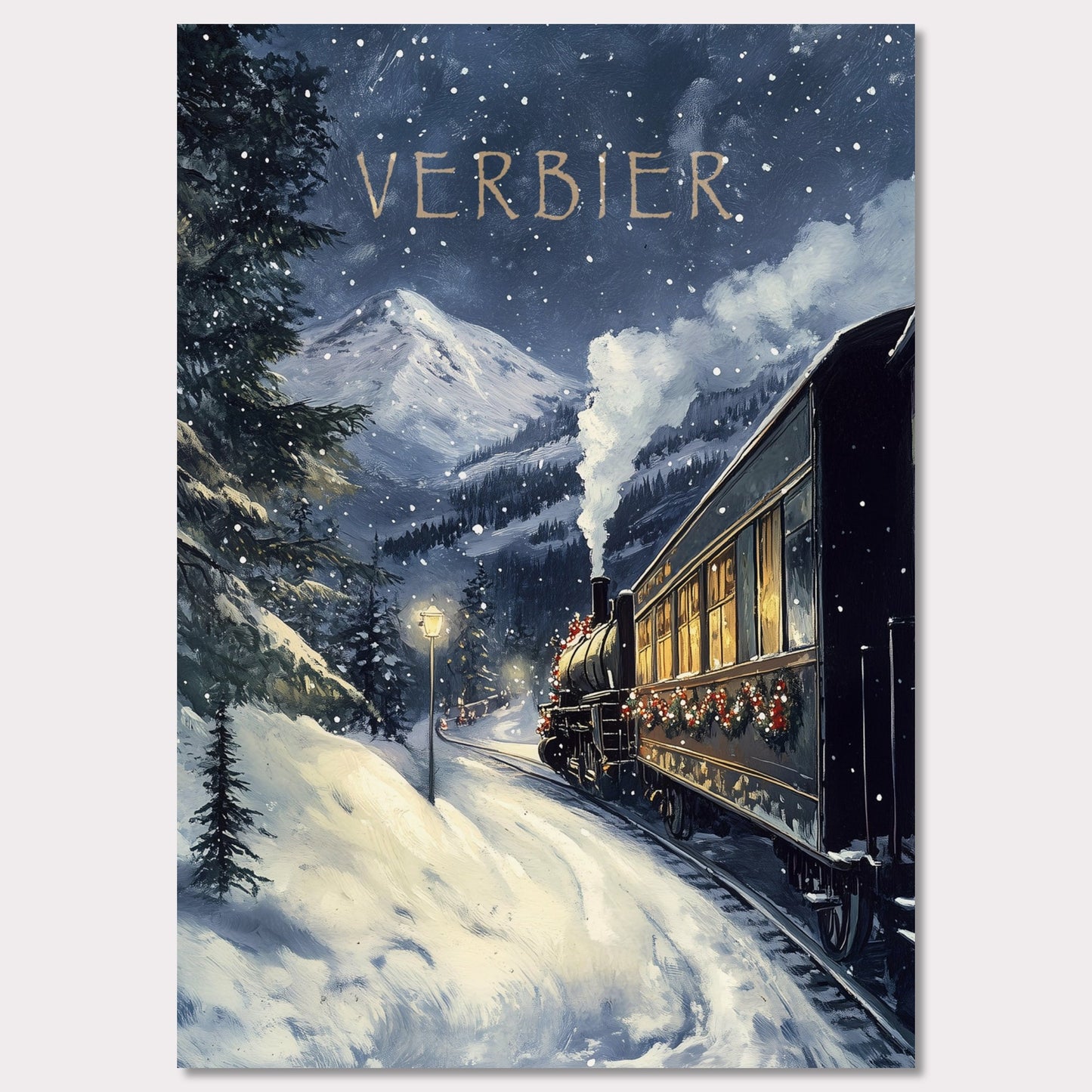 This charming, vintage-inspired poster transports you to a winter wonderland in Verbier, as a steam train adorned with festive decorations winds its way through a snowy mountain landscape. The warm glow from the train’s windows contrasts beautifully with the cool, snowy surroundings, creating a nostalgic and inviting atmosphere. The gentle snowfall and the towering mountain peaks in the background complete the serene yet adventurous feel of this picturesque winter journey.