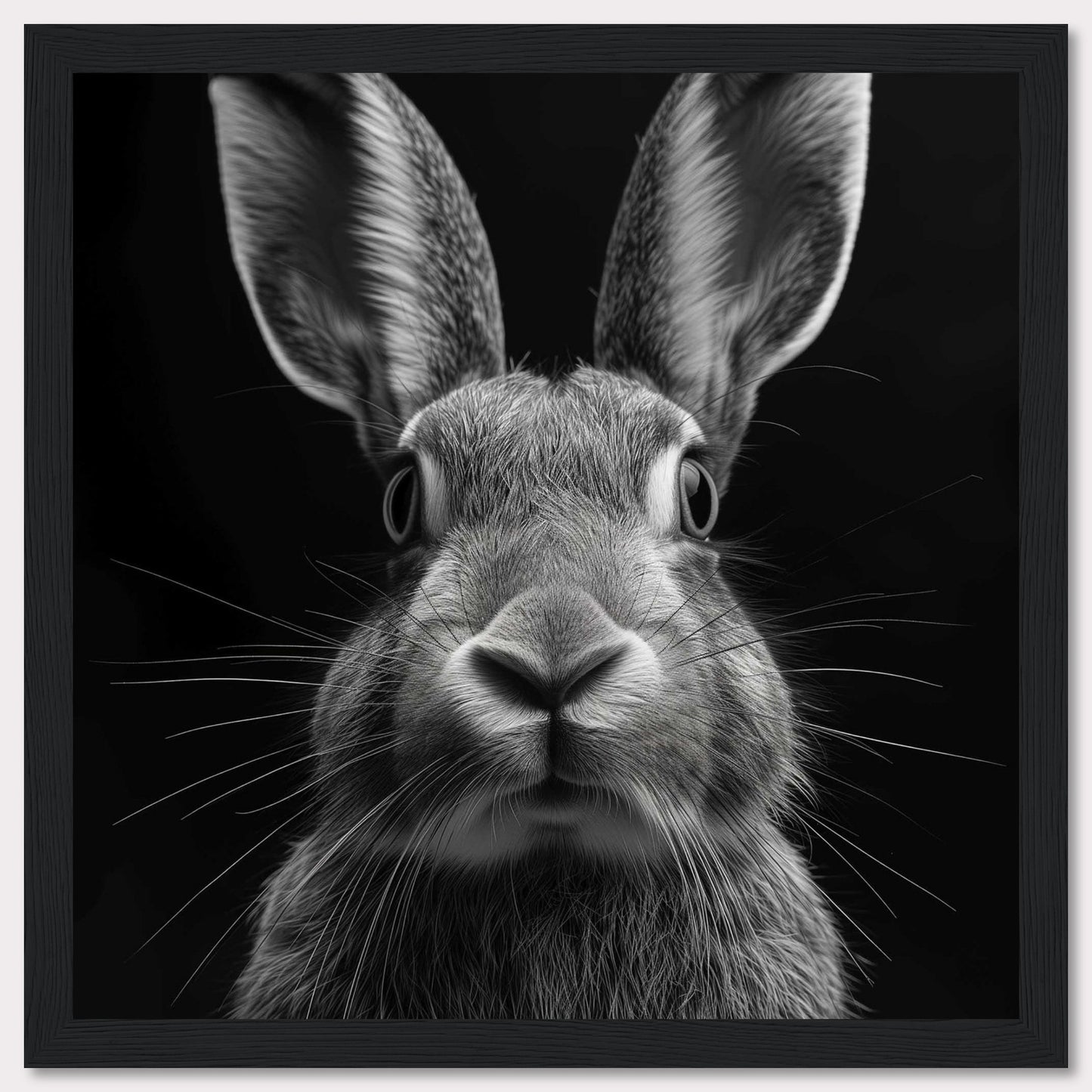 This striking black and white photograph captures a close-up of a rabbit, highlighting its expressive eyes, soft fur, and long whiskers. The image's focus on the rabbit's face creates an intimate and captivating portrait.