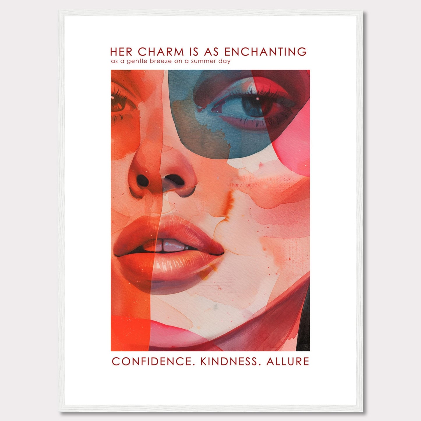 This captivating artwork features a vibrant and abstract portrait of a woman's face, blending warm and cool tones seamlessly. The text at the top reads, "HER CHARM IS AS ENCHANTING as a gentle breeze on a summer day," and at the bottom, it emphasizes "CONFIDENCE. KINDNESS. ALLURE." The image evokes a sense of elegance, mystery, and strength.