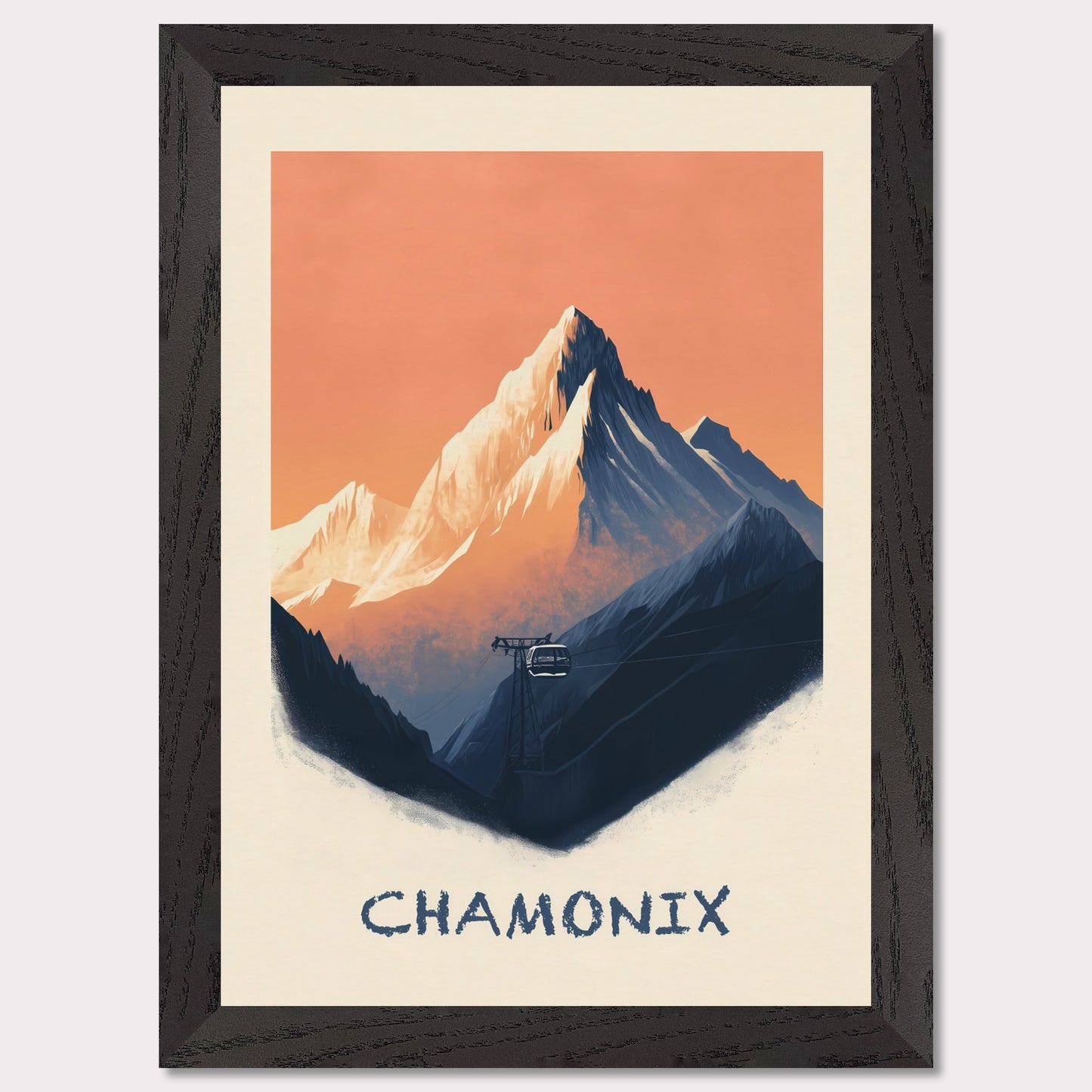 This breathtaking poster captures the rugged majesty of Chamonix, with the towering snow-capped peaks set against a warm, pastel sky. A cable car ascends through the mist, symbolizing adventure, exploration, and the timeless allure of the Alps.