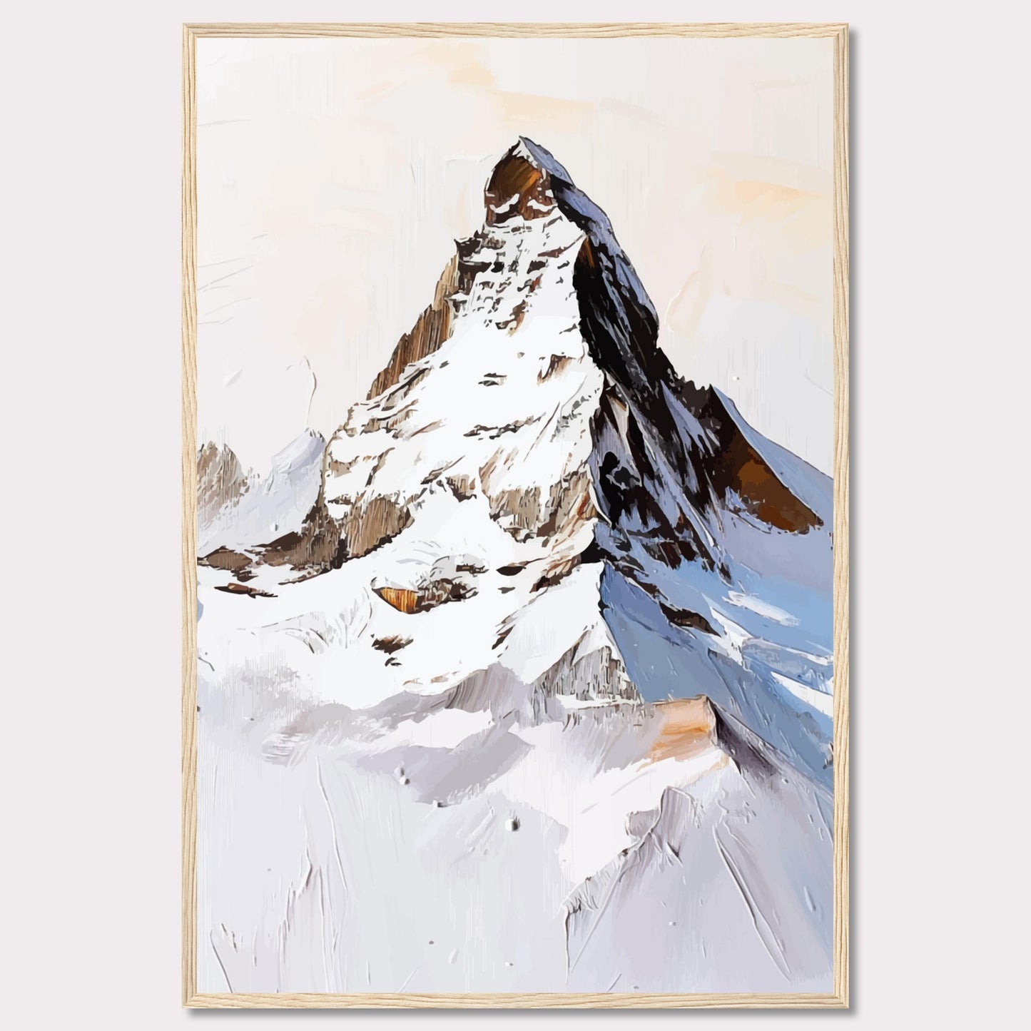 This image showcases a striking painting of a snow-covered mountain peak, likely inspired by the majestic Matterhorn. The artwork features bold brush strokes and a mix of white, brown, and blue hues, capturing the rugged beauty of the alpine landscape.