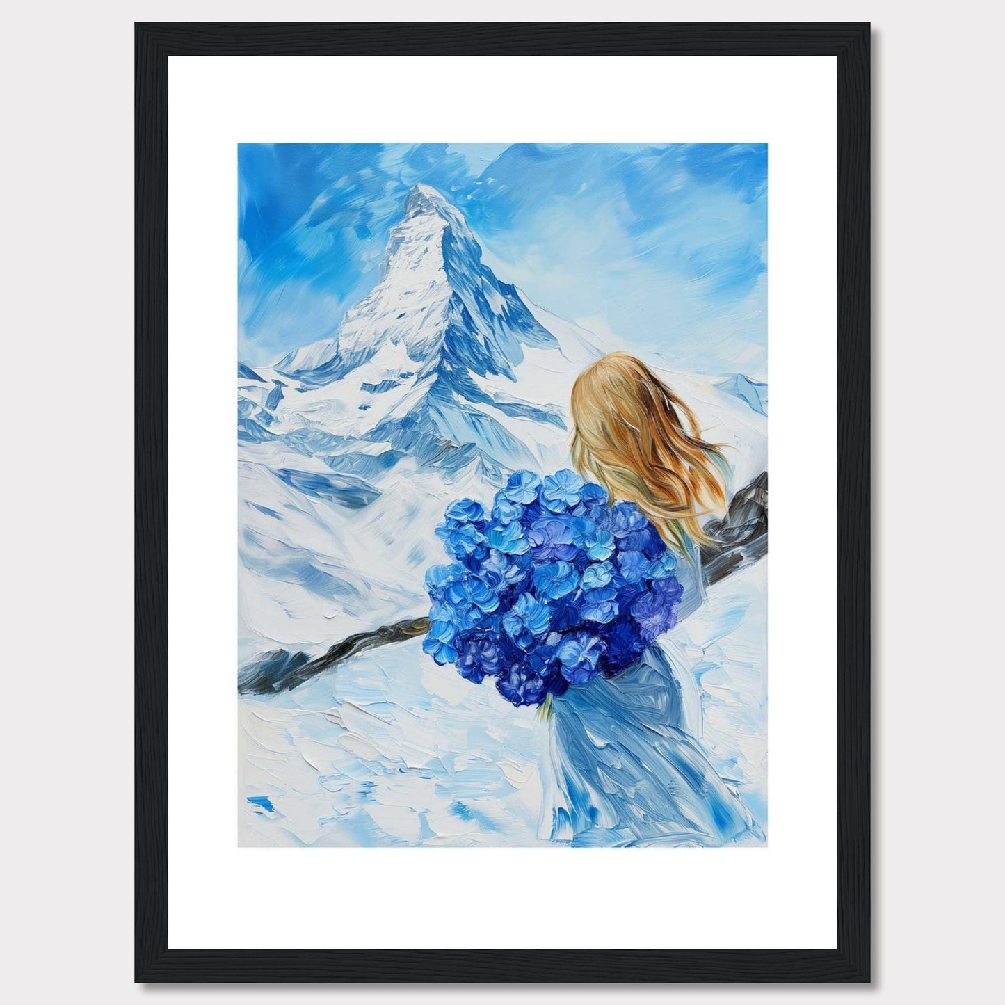 This captivating painting depicts a serene winter landscape with a majestic snow-covered mountain in the background. A woman with flowing blonde hair stands in the foreground, holding a vibrant bouquet of blue flowers. The sky is a brilliant shade of blue, complementing the snowy scenery.