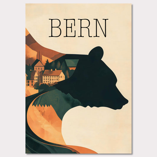 This minimalist travel poster captures the essence of Bern, Switzerland, with a flowing river winding through the city's historic heart. The design highlights the city's iconic medieval architecture, framed by the serene natural surroundings. The soft, muted tones evoke a sense of nostalgia and tranquility, making it a perfect representation of Bern’s timeless beauty.