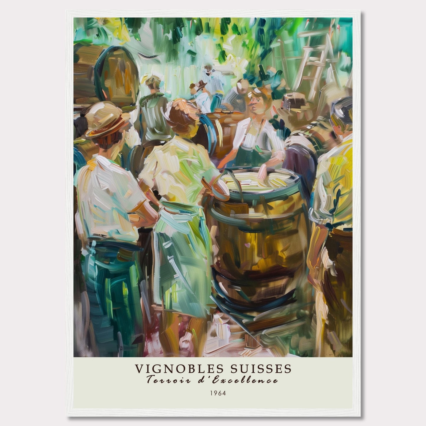 This vibrant painting captures a lively scene of people gathered around wine barrels, reflecting the rich tradition of Swiss vineyards.