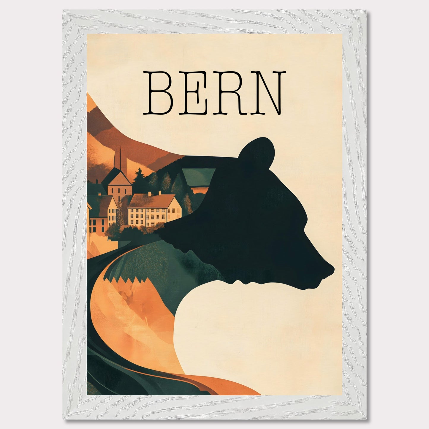 This minimalist travel poster captures the essence of Bern, Switzerland, with a flowing river winding through the city's historic heart. The design highlights the city's iconic medieval architecture, framed by the serene natural surroundings. The soft, muted tones evoke a sense of nostalgia and tranquility, making it a perfect representation of Bern’s timeless beauty.