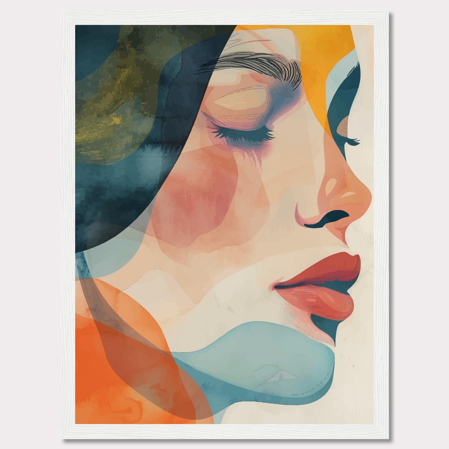 This captivating artwork features a serene profile of a woman's face, rendered in a vibrant mix of abstract colors. The composition highlights her closed eyes and calm expression, evoking a sense of tranquility and introspection.