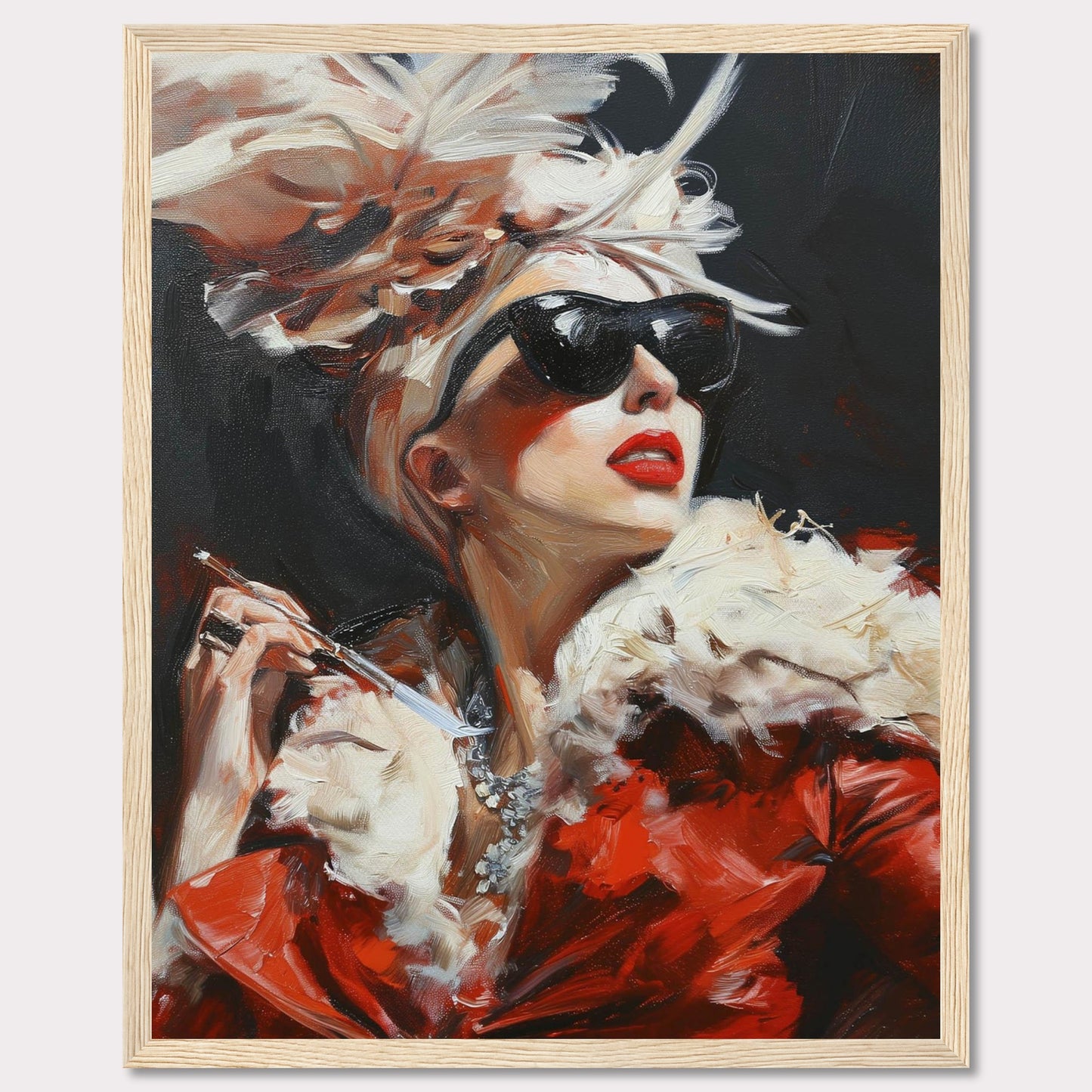 This striking painting captures a glamorous woman exuding confidence and elegance. Adorned in a luxurious red fur coat, she wears dark sunglasses and a dramatic feathered hat, holding a cigarette holder with poise. The bold brushstrokes and vibrant colors add to the dynamic and sophisticated feel of the artwork.