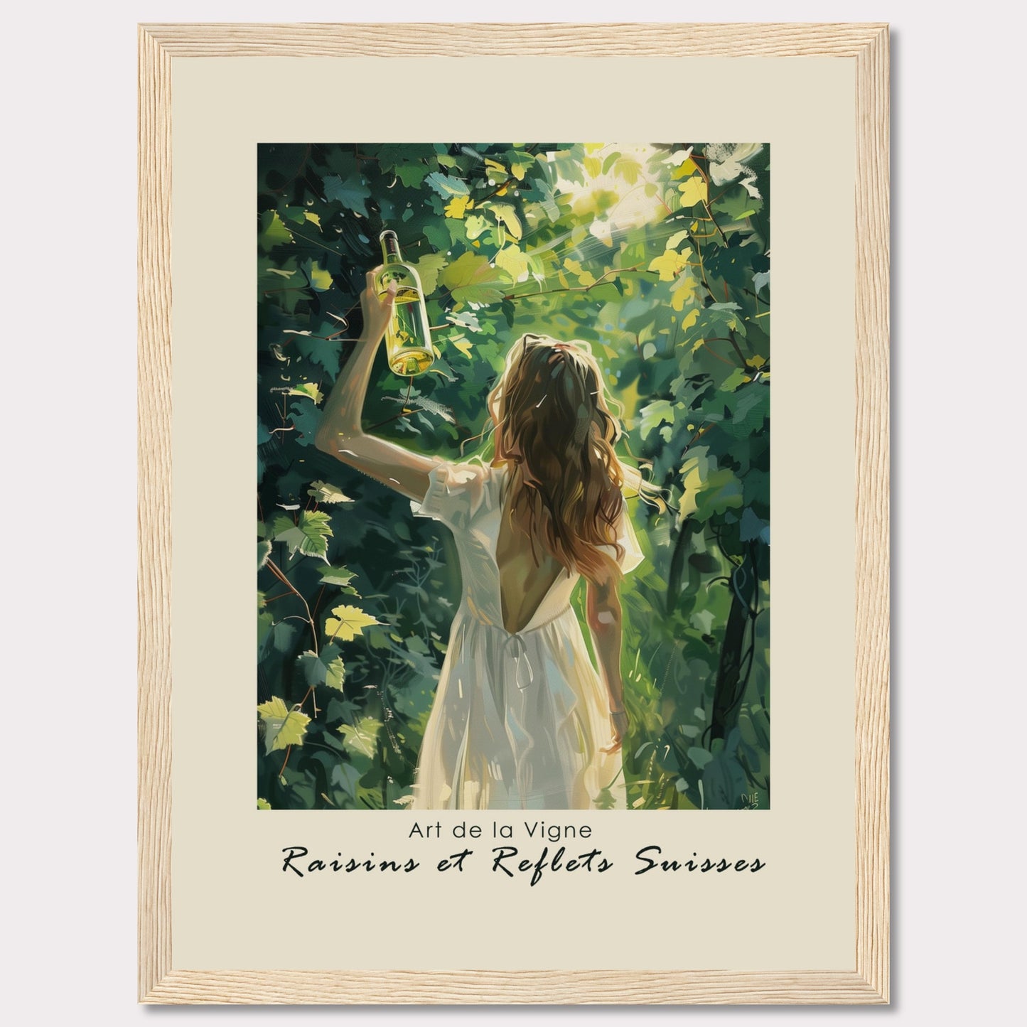 This captivating artwork titled "Art de la Vigne" showcases a woman in a white dress holding up a bottle of wine amidst lush green vines, with sunlight filtering through the leaves. The scene exudes a sense of tranquility and connection with nature.