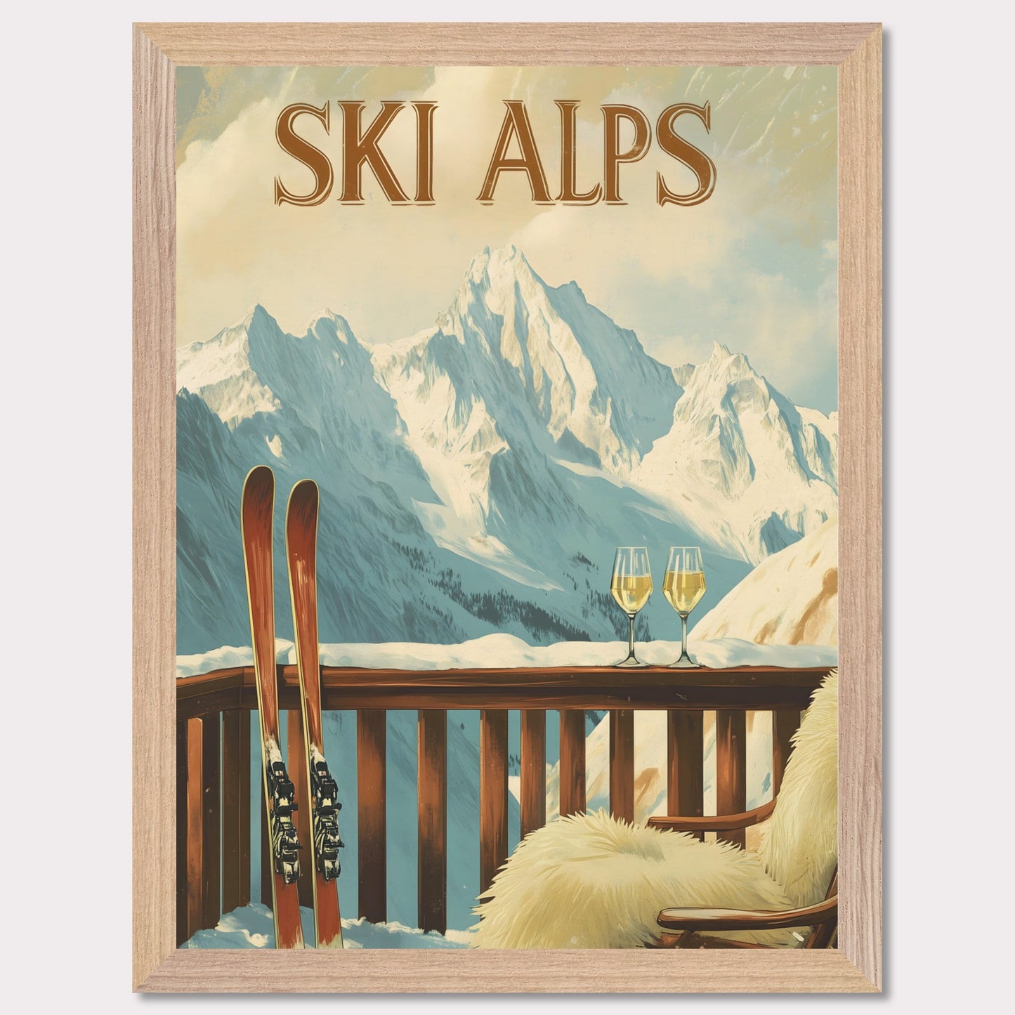 This soothing poster transports you to a tranquil alpine terrace with a breathtaking view of snow-covered peaks. A wooden chair draped in soft fur and paired with two glasses of sparkling wine sets the tone for a peaceful and intimate winter retreat.