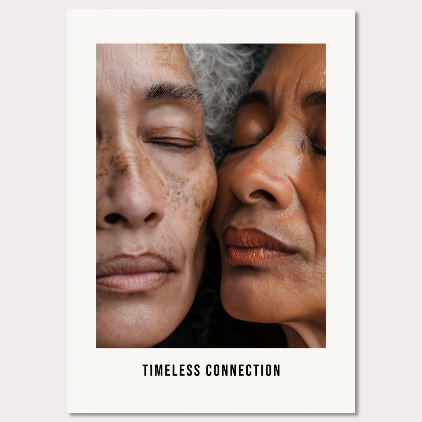 This illustration shows a close-up view of two elderly individuals with their eyes closed, conveying a sense of peace and connection. The text "TIMELESS CONNECTION" is displayed at the bottom.

This poster would fit well in a living room, bedroom, or any space meant for relaxation and reflection.