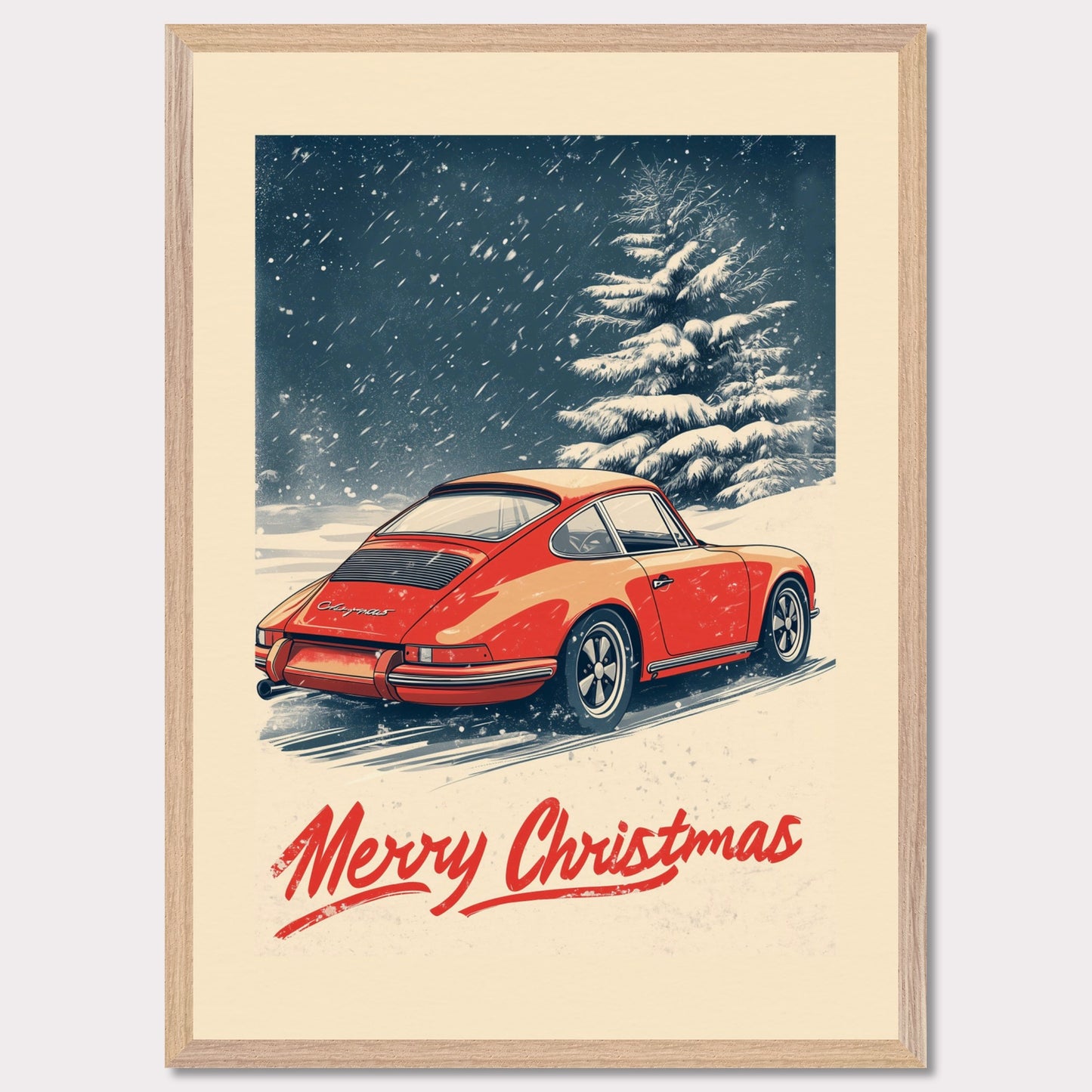 This nostalgic holiday poster features a striking red Porsche driving through a snow-covered landscape, with festive snowflakes gently falling around the scene. A snowy tree and soft winter hues create a cozy and festive atmosphere. The bold "Merry Christmas" typography adds an extra touch of holiday cheer, making it a perfect way to celebrate the season with a classic car enthusiast's touch.