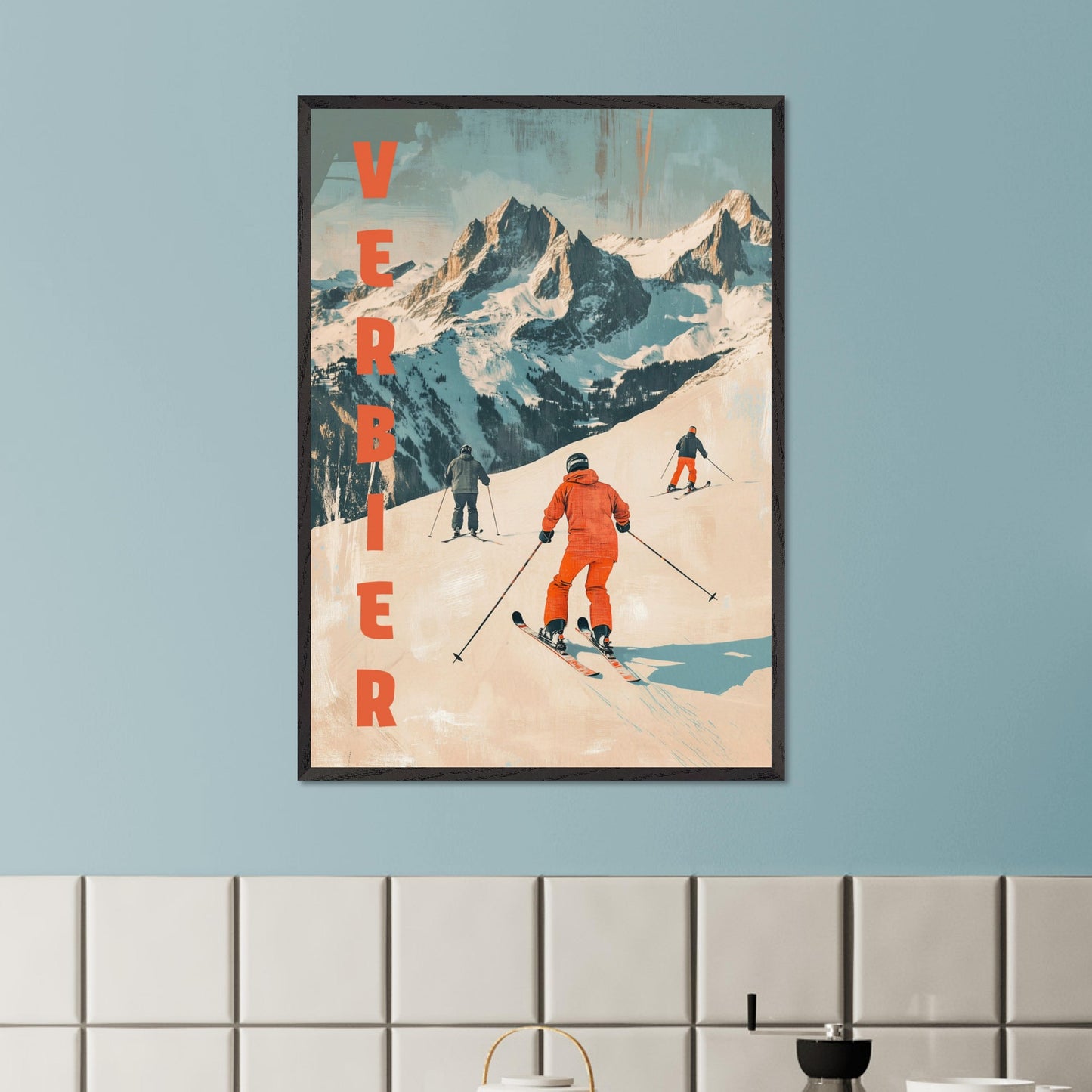 This retro-inspired poster vividly captures the exhilarating spirit of skiing in Verbier. A group of skiers clad in bold orange descends a pristine alpine slope, set against the majestic backdrop of rugged, snow-covered peaks. The textured vintage art style and muted color palette evoke nostalgia while celebrating the dynamic energy of winter sports.