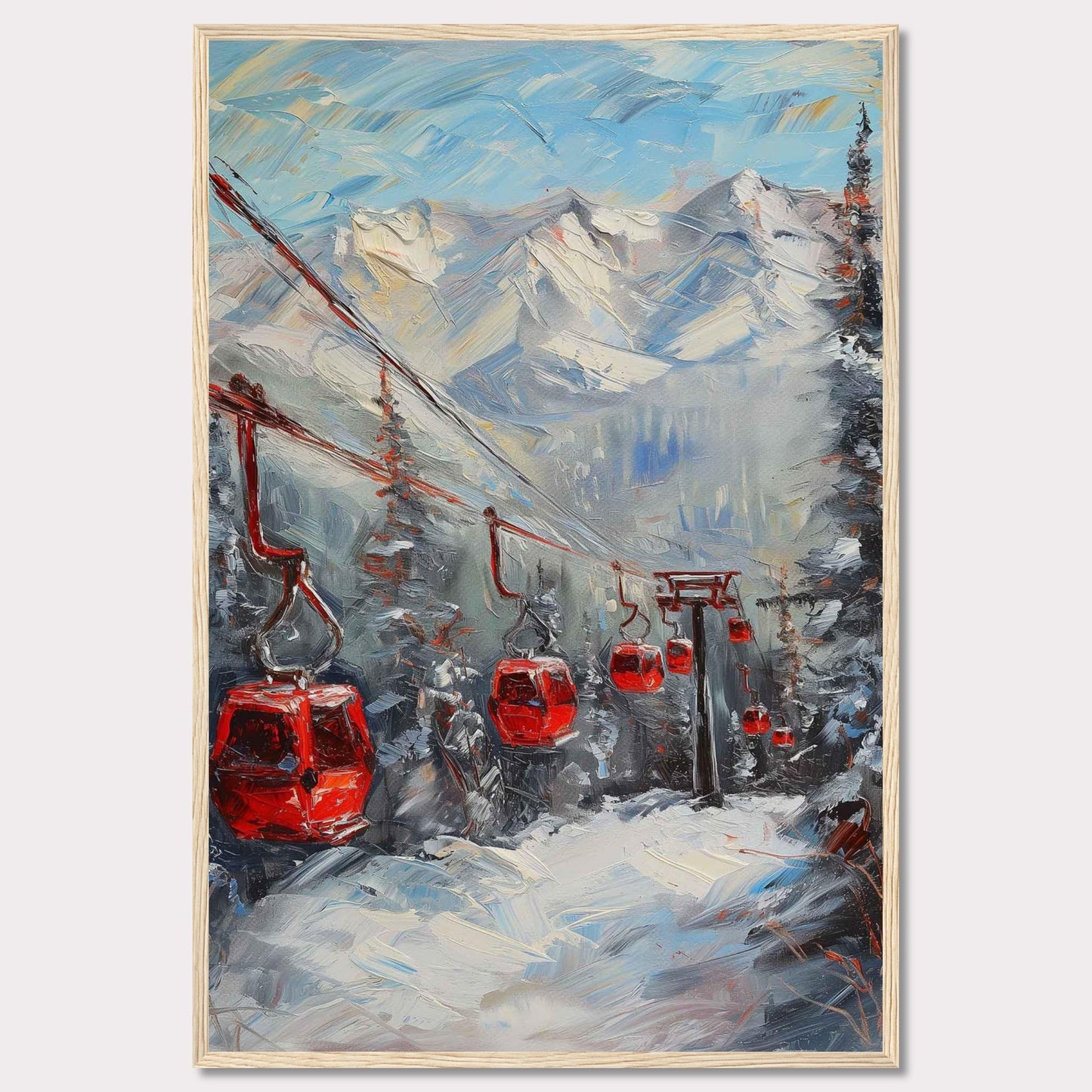 This captivating painting showcases a vibrant winter scene with red cable cars gliding through a snowy mountain landscape.