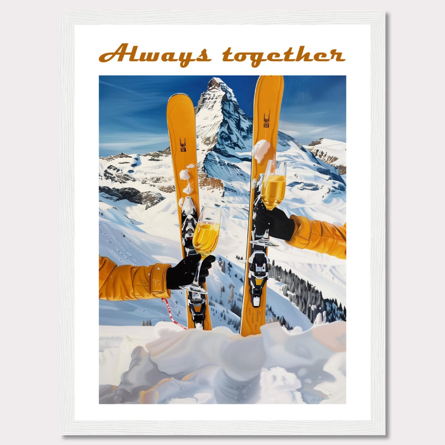 This image showcases a picturesque winter scene with two skiers celebrating on a snowy mountain. The central focus is on the skis and champagne glasses, symbolizing a joyous moment shared together.