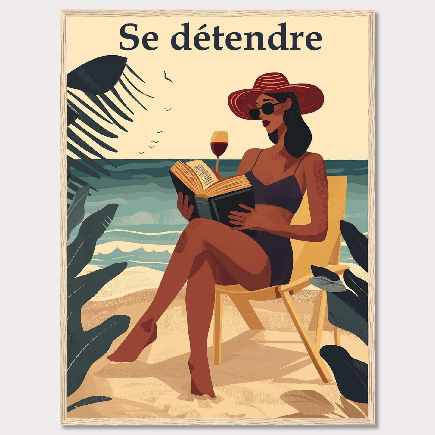 This illustration captures a serene beach scene with a woman relaxing on a chair, reading a book, and enjoying a glass of wine. The text "Se détendre" at the top translates to "Relax" in English.