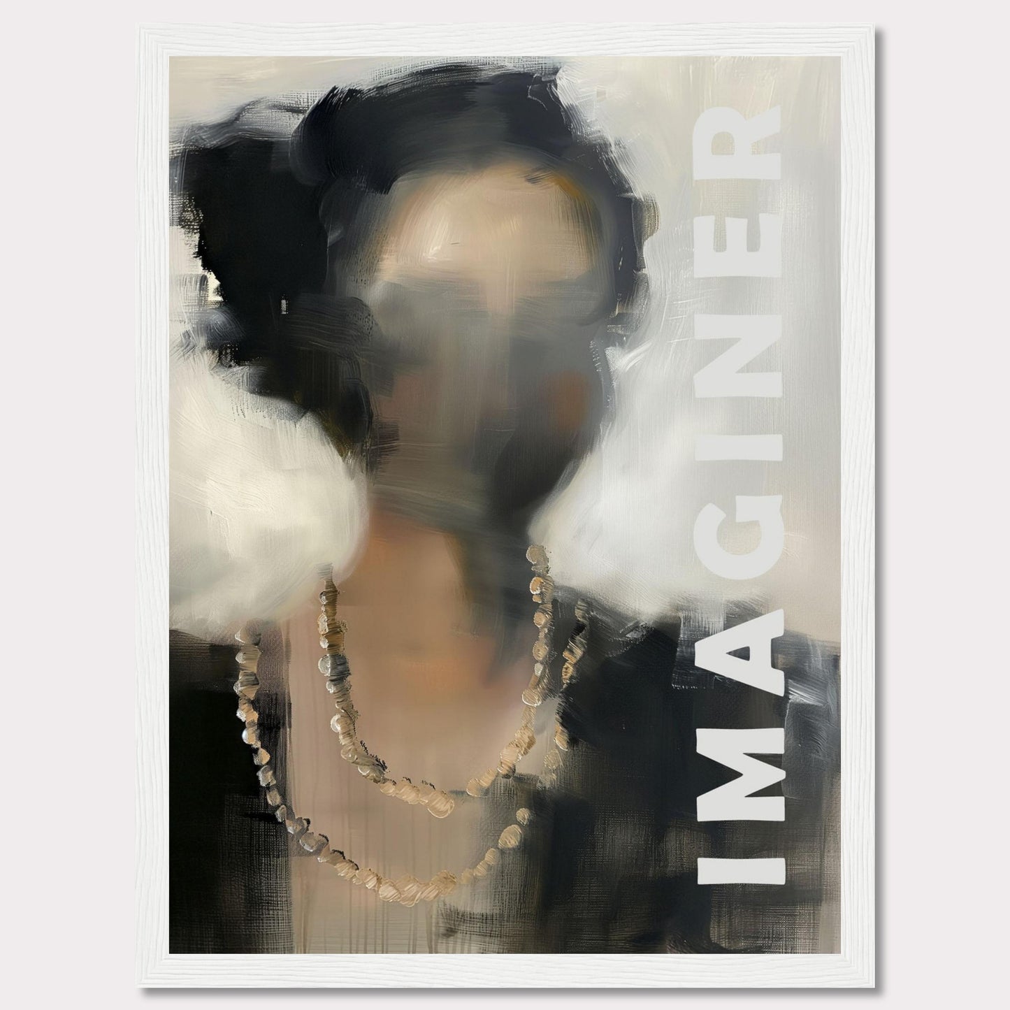 This captivating artwork features an abstract portrait of a person with blurred facial details, adorned with a beaded necklace. The word "IMAGINER" is prominently displayed along the right side, inviting viewers to envision their own interpretations.