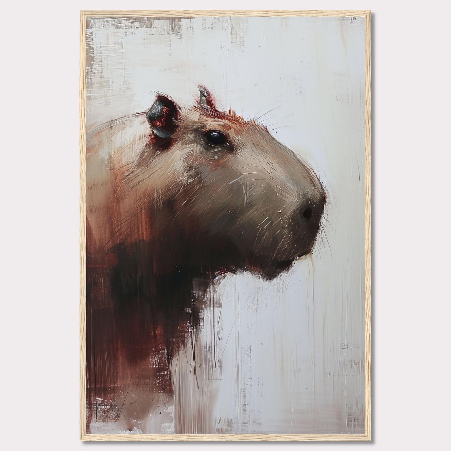 This image showcases a striking painting of a capybara, rendered in a modern, abstract style. The artwork features bold brush strokes and a muted color palette, with the capybara's head turned slightly to the side.