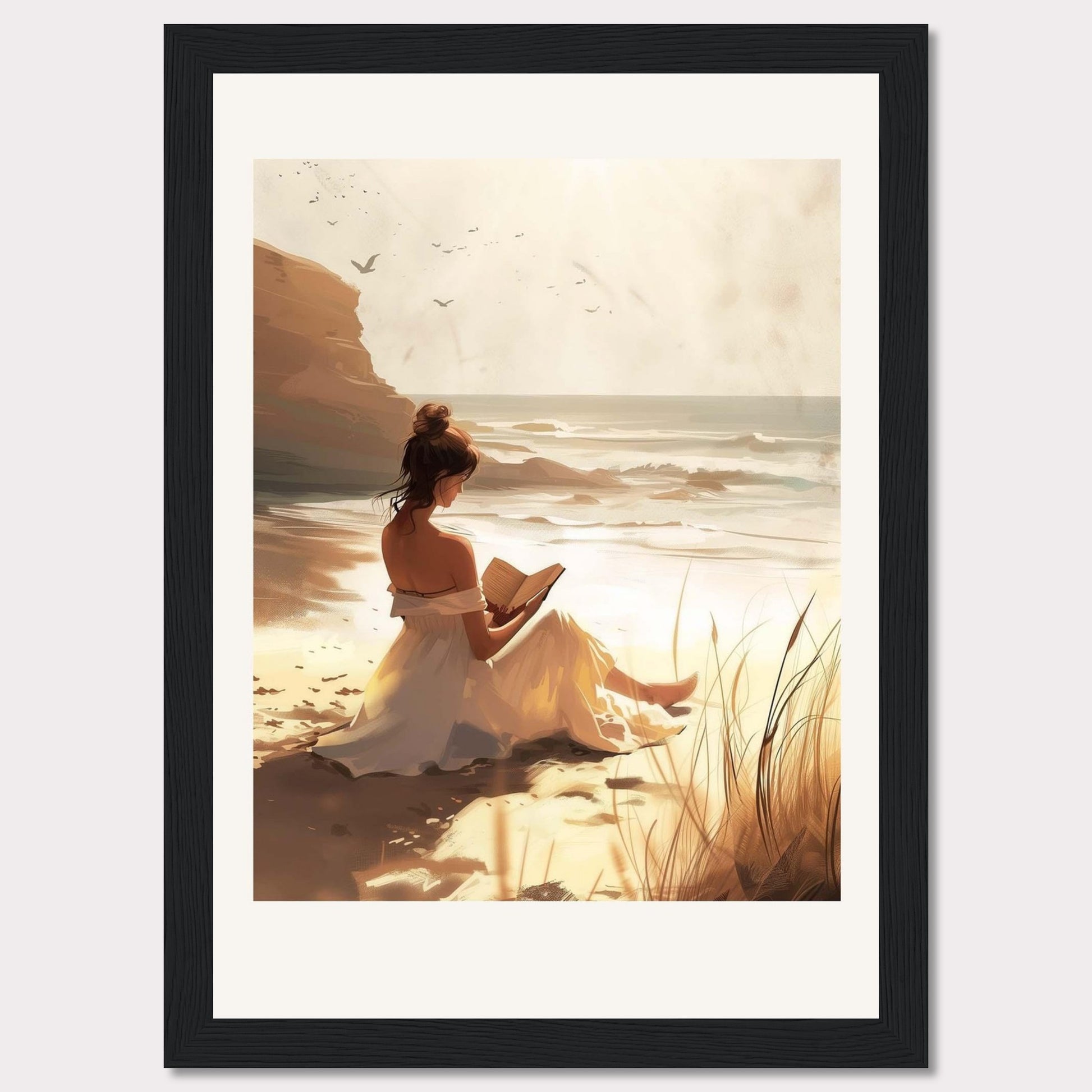 This serene artwork depicts a woman in a white dress sitting on a sandy beach, engrossed in a book. The sun casts a warm golden glow over the scene, enhancing the tranquil atmosphere. In the background, waves gently crash against the shore, and birds soar in the sky.