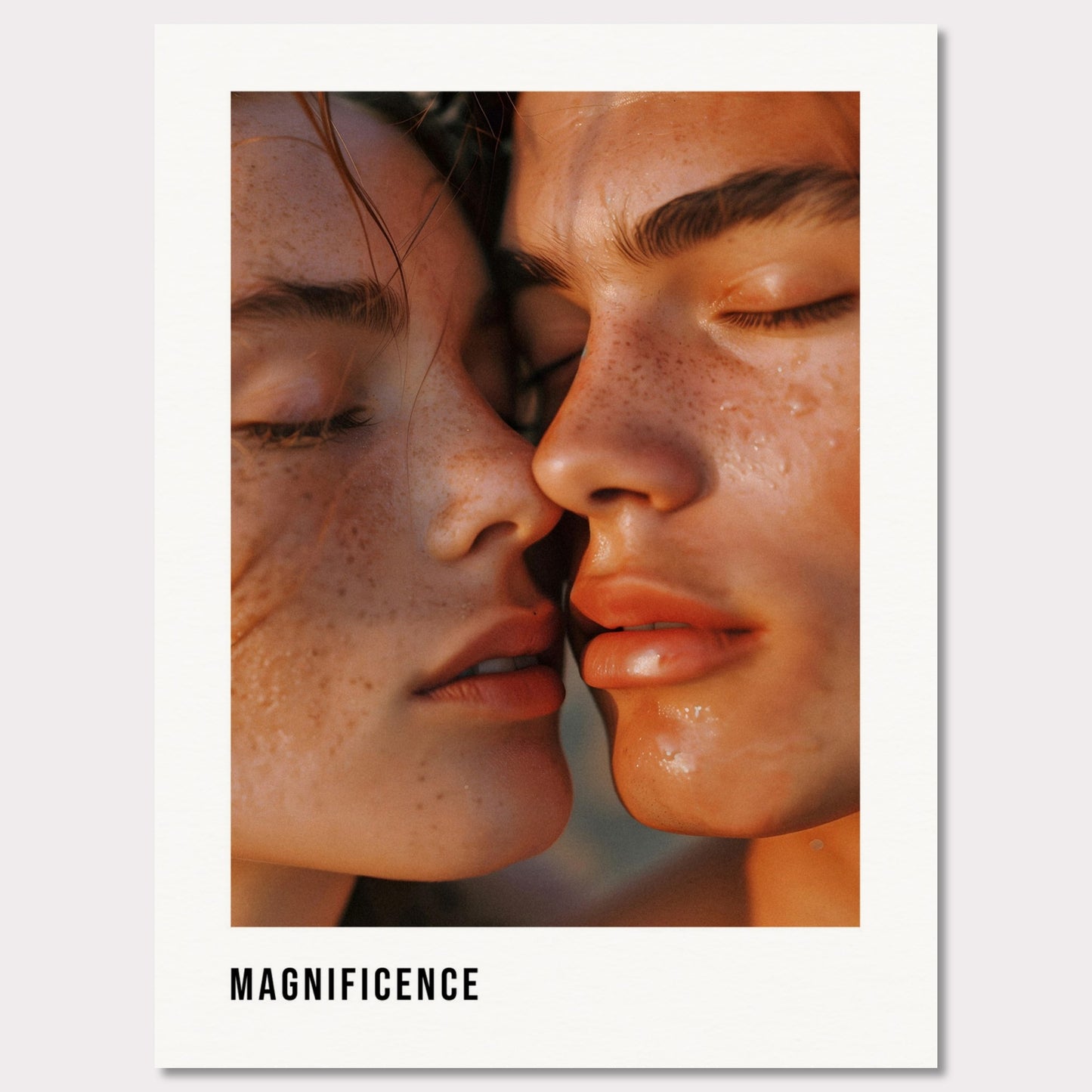 This illustration shows a close-up of two individuals with their faces intimately close, highlighting their freckles and closed eyes.

This poster will fit well in a modern living room, bedroom, or art studio, adding a touch of elegance and intimacy to the space.