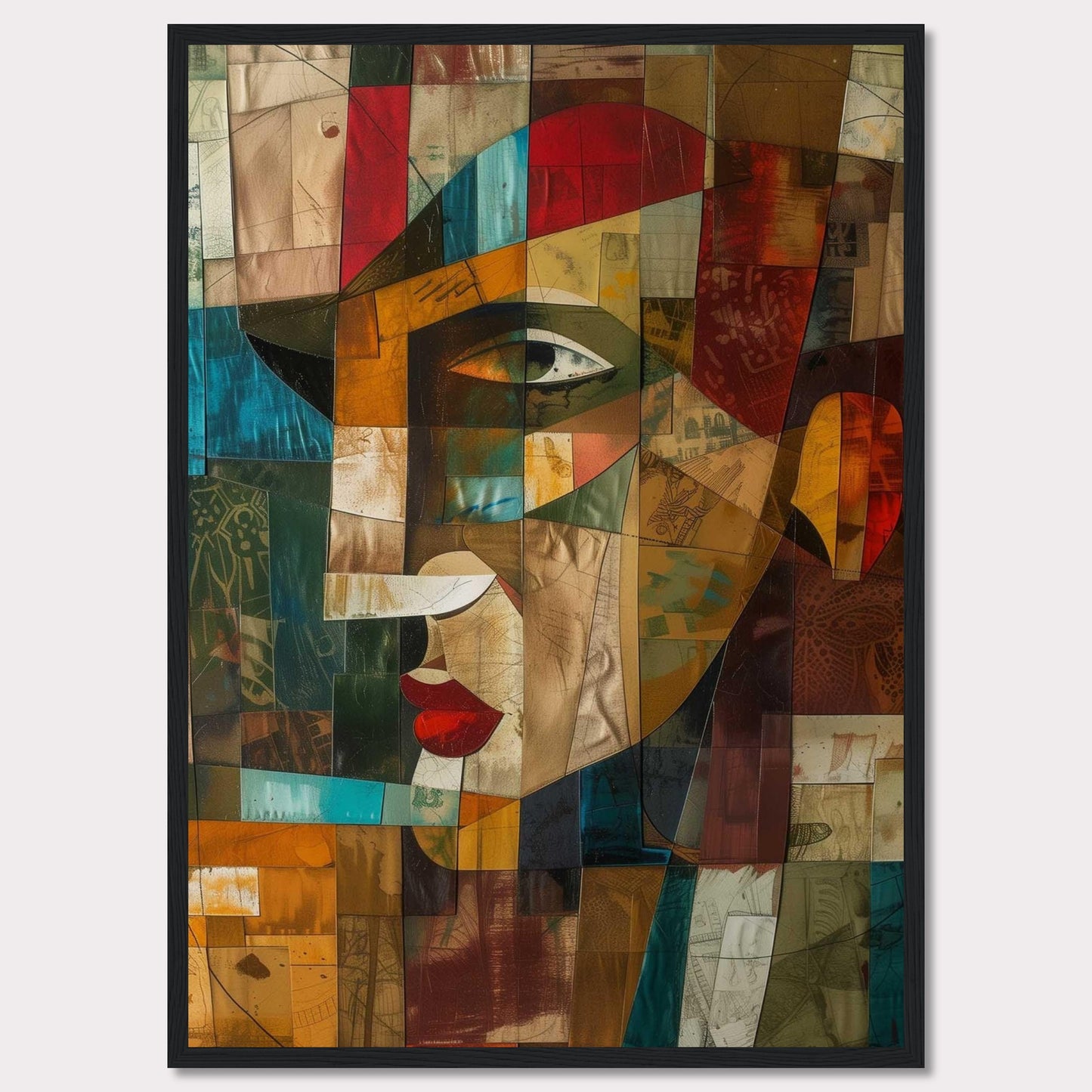 This captivating artwork features a cubist-style portrait, blending vibrant colors and geometric shapes to create a striking visual. The image showcases an abstract face with prominent red lips, a sharp nose, and expressive eyes.