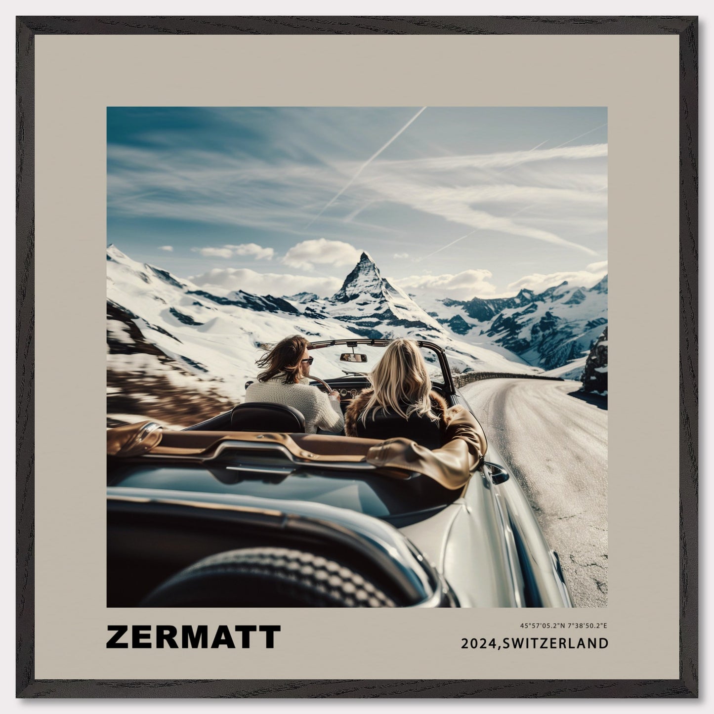 Experience the thrill of a scenic drive through the snowy mountains of Zermatt, Switzerland. This captivating image showcases two adventurers in a convertible, with the iconic Matterhorn standing majestically in the background.