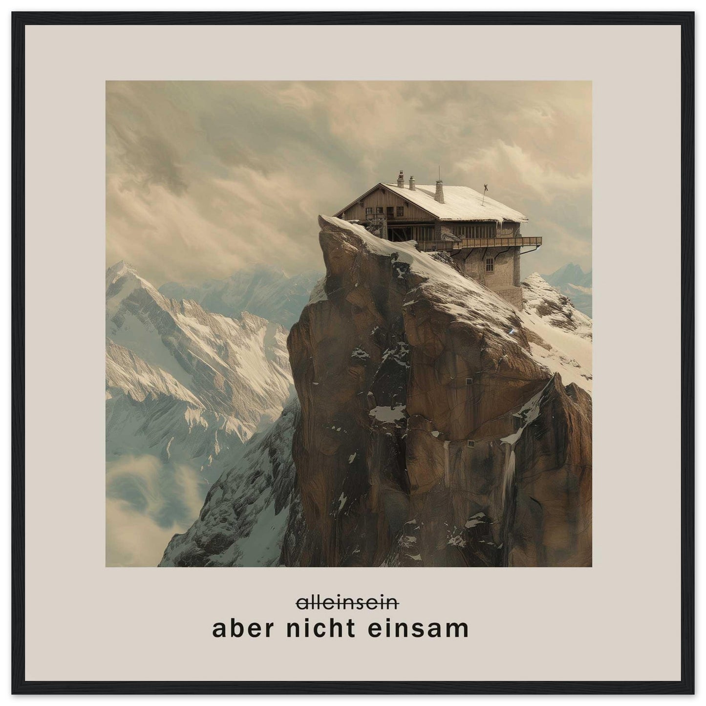 This image depicts a solitary house perched on a rugged, snow-covered mountain peak with a dramatic backdrop of towering mountains and a cloudy sky. The German text below the image reads "aber nicht einsam," which translates to "but not lonely."