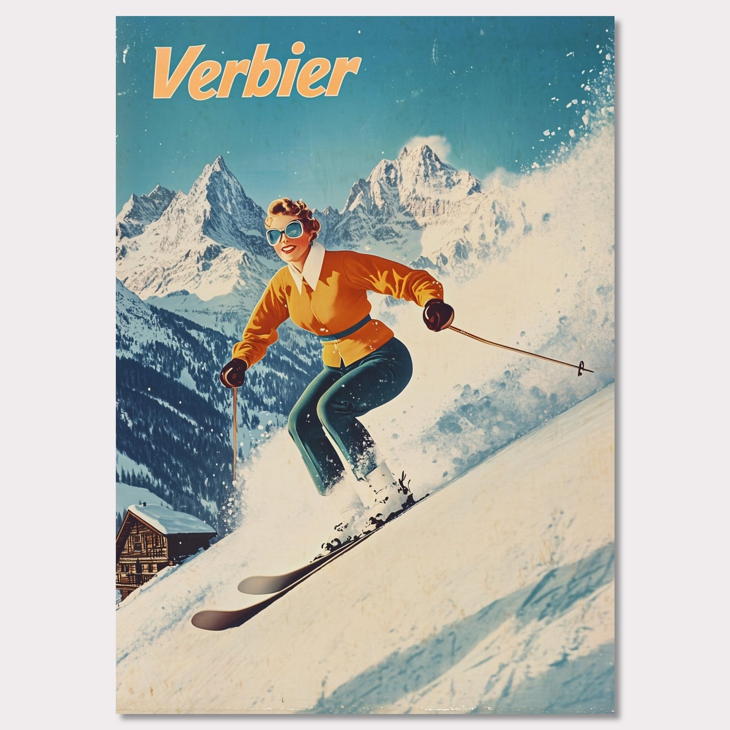 This vibrant retro poster captures the thrilling energy of skiing in Verbier, featuring a skier in a bright orange jacket racing down the slopes. The bright, clear sky contrasts beautifully with the snow-covered terrain and rugged mountain backdrop. The skier’s joyful expression, paired with the iconic Verbier mountains, evokes the excitement and adventure of alpine skiing. The vintage art style adds a timeless touch, bringing out the spirit of winter sports.