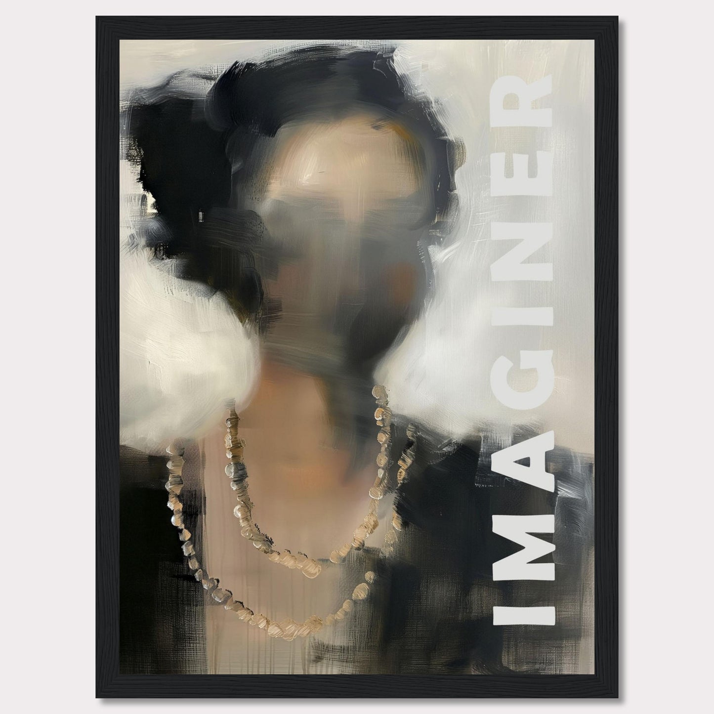 This captivating artwork features an abstract portrait of a person with blurred facial details, adorned with a beaded necklace. The word "IMAGINER" is prominently displayed along the right side, inviting viewers to envision their own interpretations.