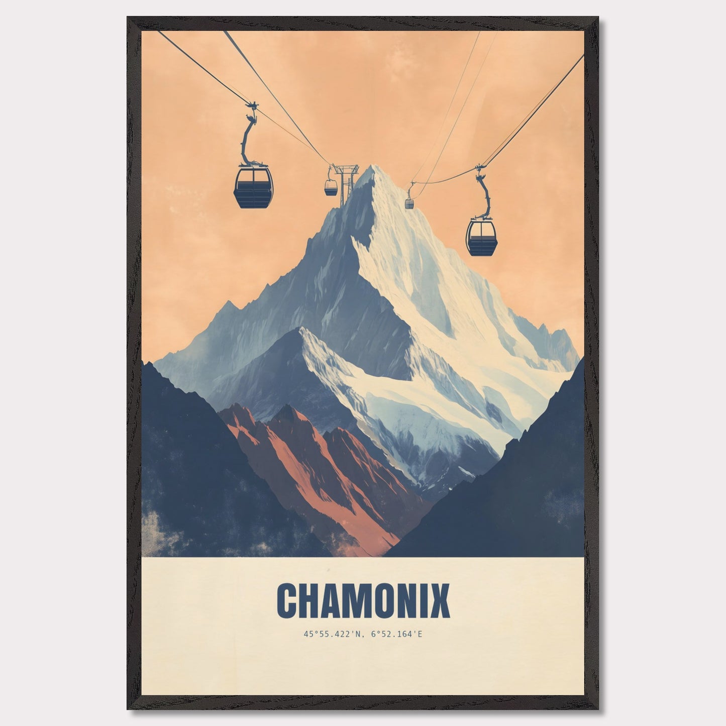 This striking poster showcases the dramatic ascent to Chamonix’s peaks, with cable cars stretching across the sky towards the snow-covered mountains. The bold contrasts between deep shadows and glowing light create an atmosphere of adventure and grandeur.