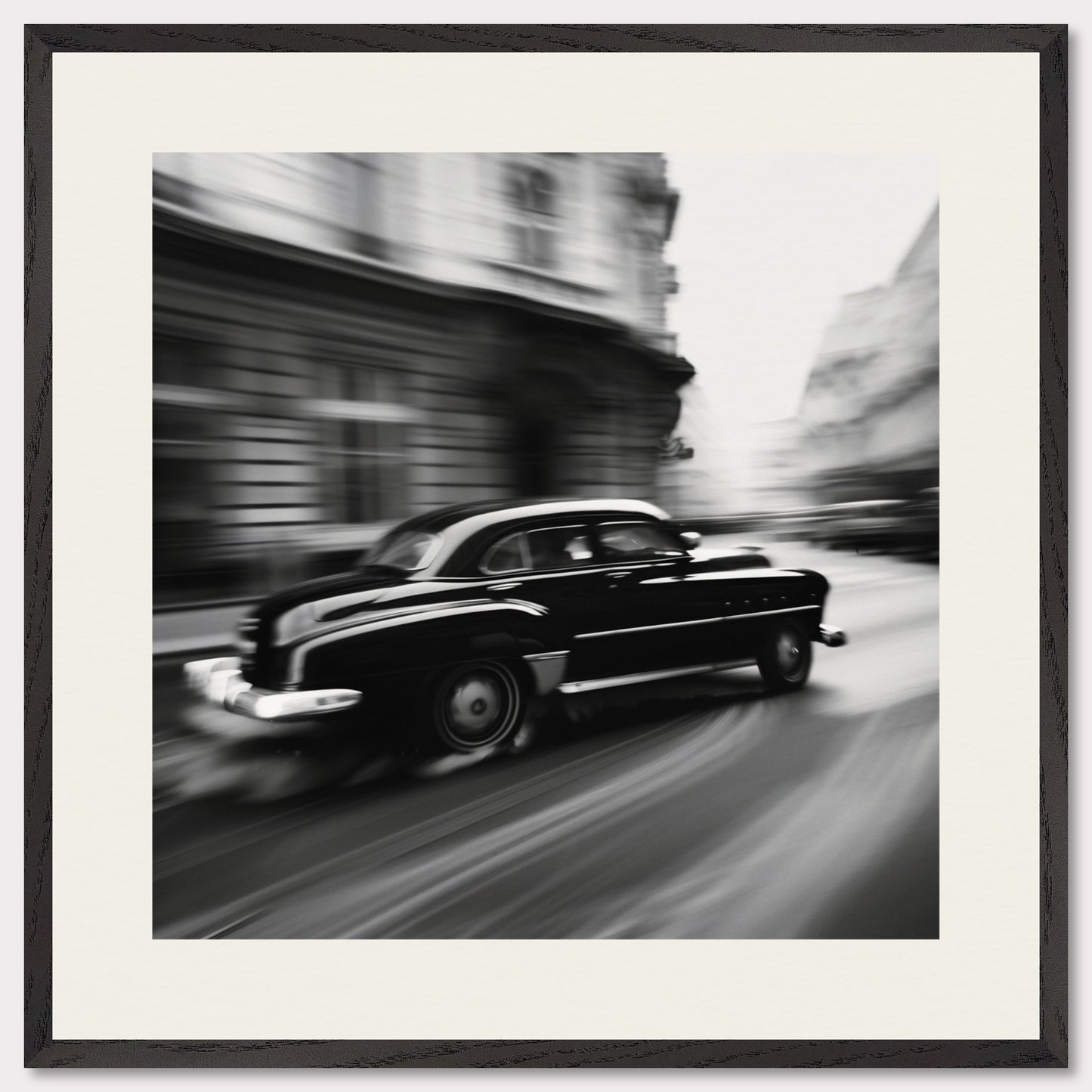 This illustration depicts a black vintage car speeding through a city street, with buildings blurred in the background to convey motion.