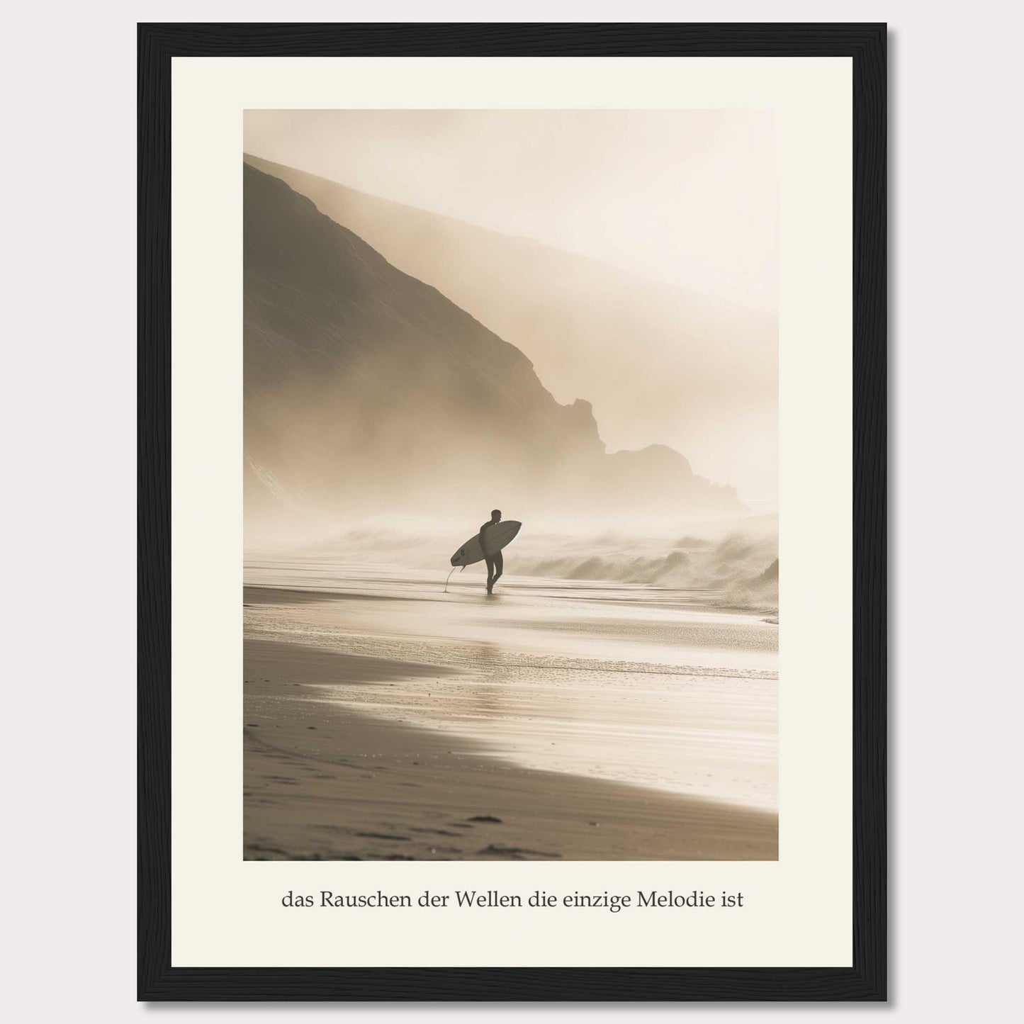 This captivating photograph captures a lone surfer walking along a misty beach, surfboard in hand, with towering cliffs in the background.