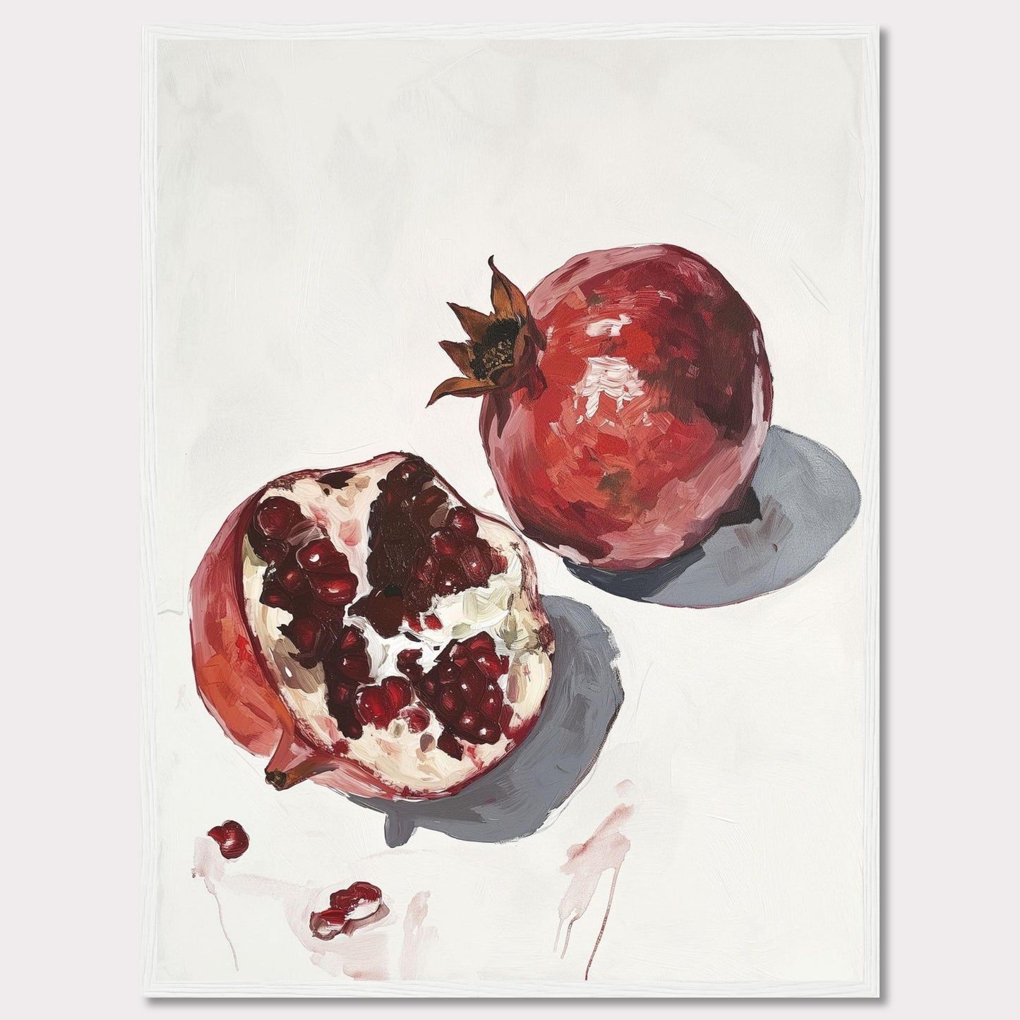 This captivating artwork features a detailed painting of two pomegranates, one whole and one halved, showcasing the vibrant red seeds. The minimalist background highlights the rich colors and textures of the fruit, making it a striking piece for any space.