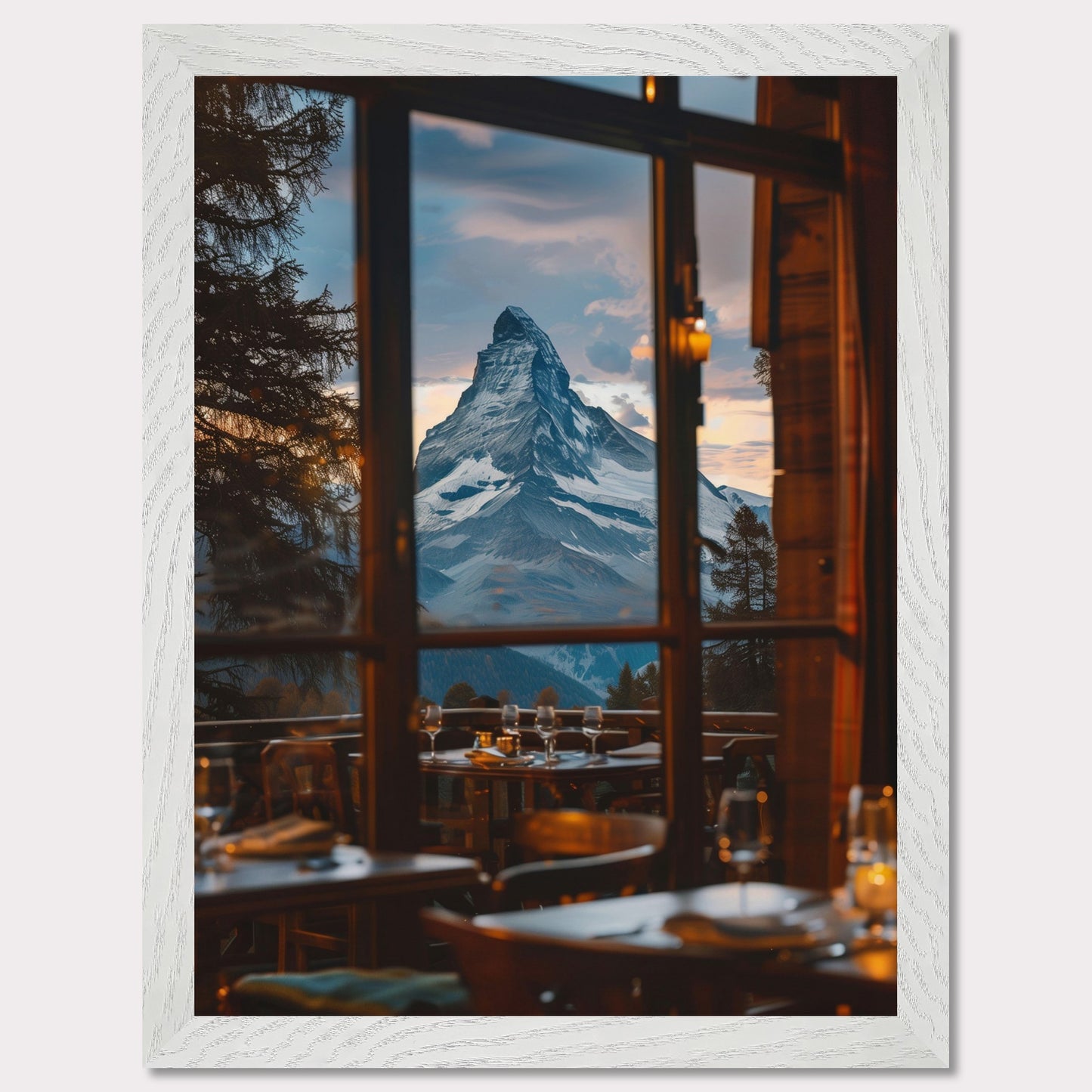 Experience the breathtaking view of a majestic mountain peak through the windows of a cozy restaurant. The scene captures the tranquility and grandeur of nature, inviting you to unwind and savor the moment.