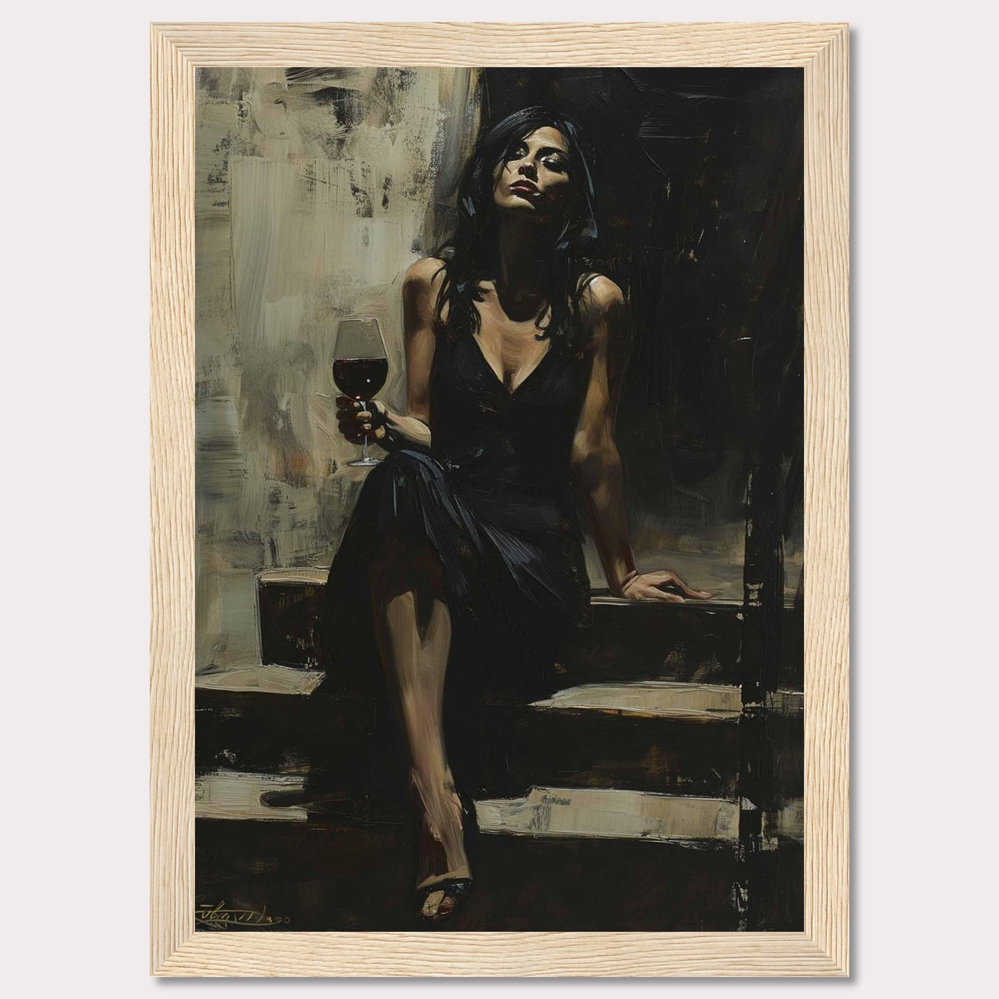 This captivating painting depicts a woman in an elegant black dress, seated on a set of steps. She holds a glass of red wine, exuding confidence and sophistication. The dark, moody background contrasts with her poised demeanor, creating a sense of intrigue and allure.