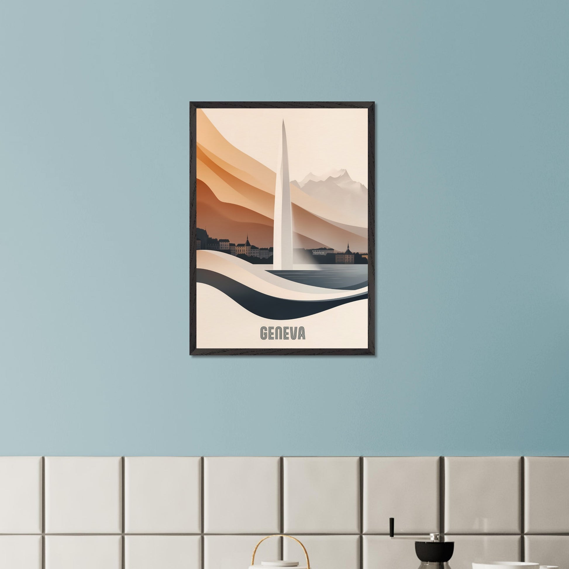 A modern and elegant poster of Geneva’s famous Jet d’Eau fountain, seamlessly blending into the landscape. Smooth curves and warm hues create a sense of fluidity and movement.