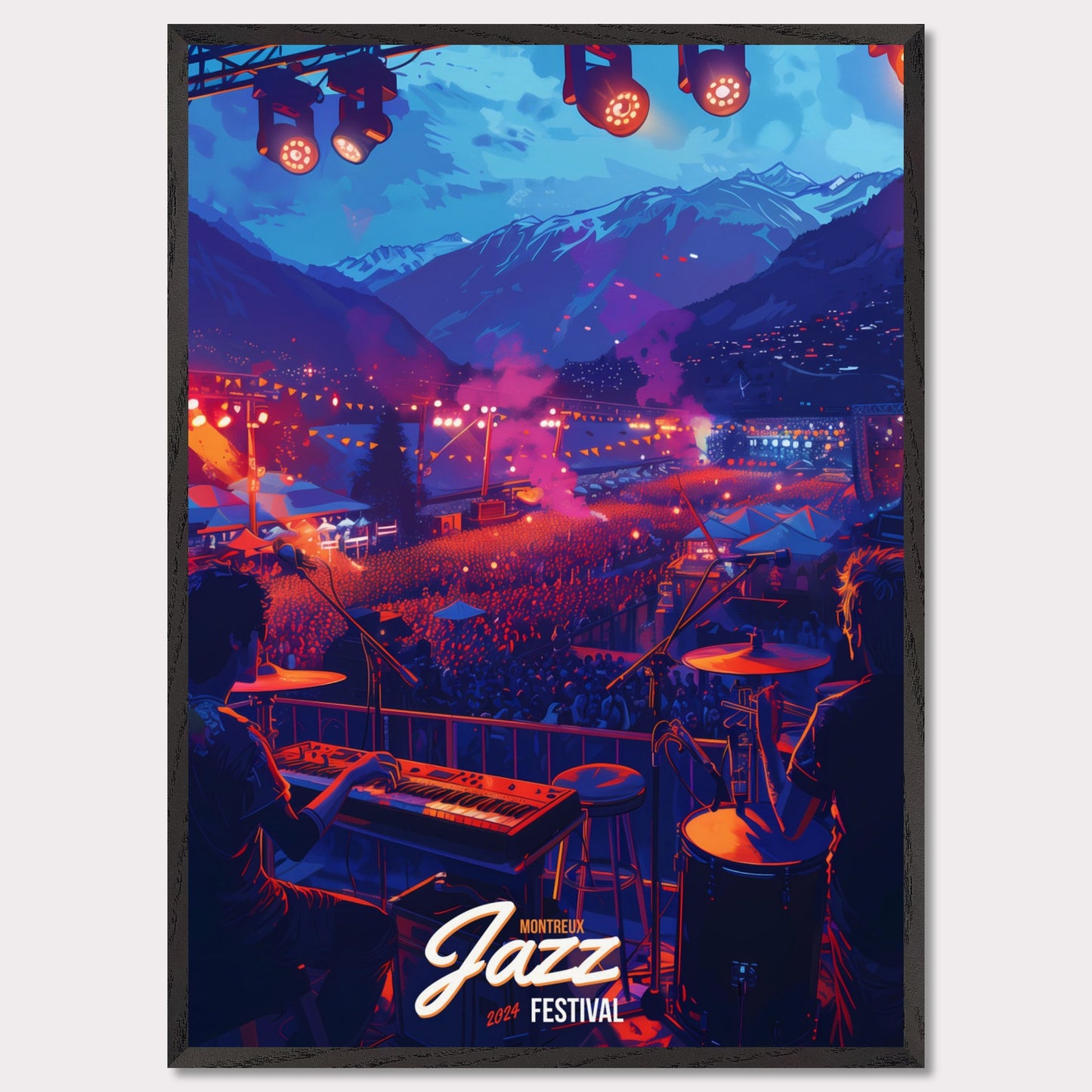 Experience the magic of the Montreux Jazz Festival 2024! This vibrant poster captures the essence of a live performance with a stunning mountain backdrop, colorful stage lights, and an enthusiastic crowd. Feel the rhythm, join the celebration, and be part of this unforgettable musical journey!