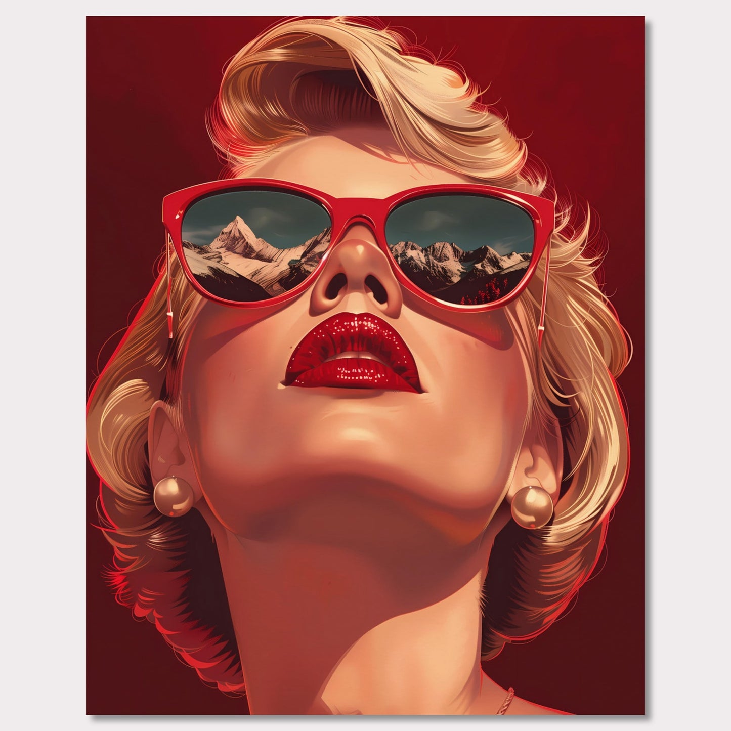 This striking artwork features a glamorous woman with blonde hair, wearing bold red sunglasses that reflect a stunning mountain landscape. Her vibrant red lips and pearl earrings add to the sophisticated and stylish aura of the piece.