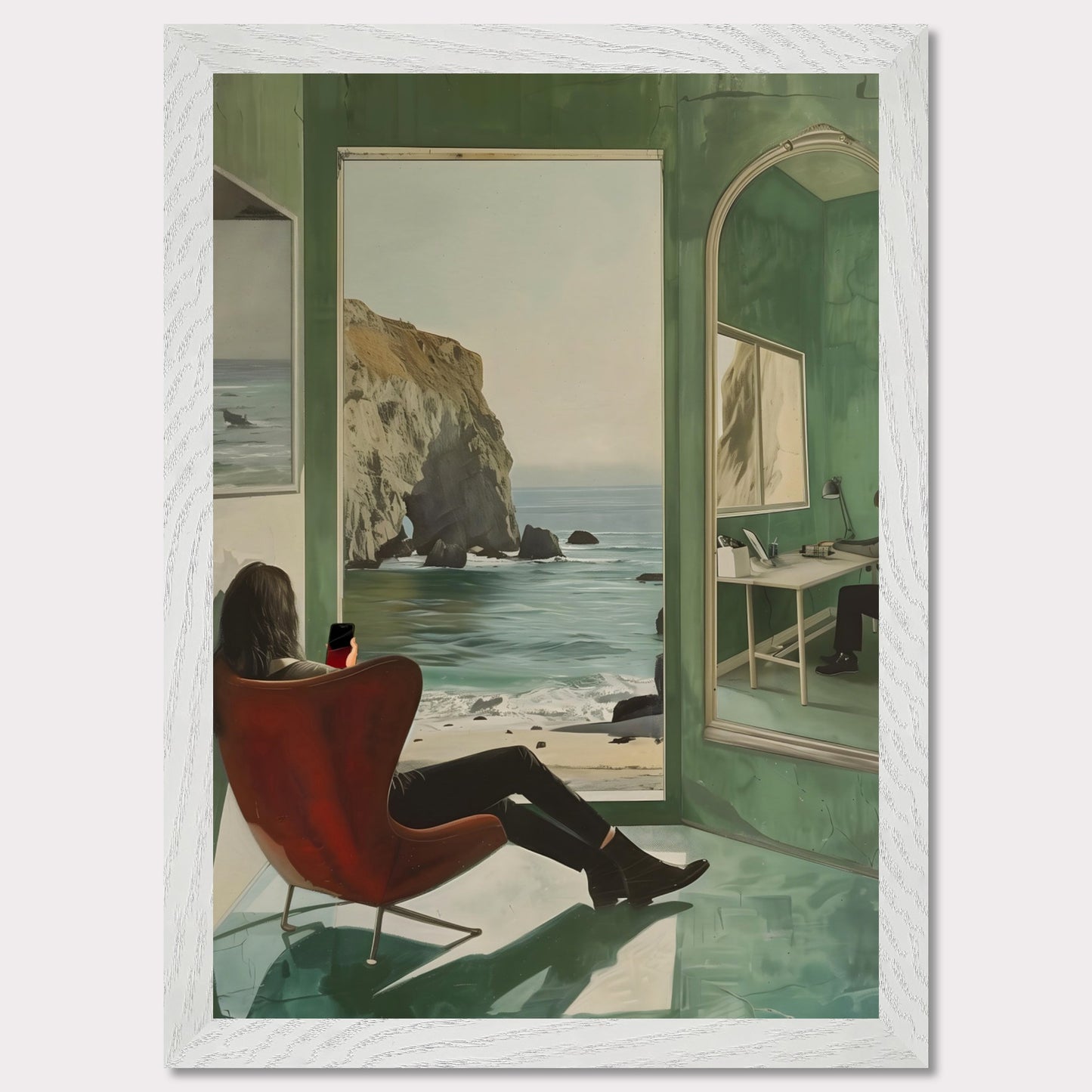 This captivating artwork depicts a serene coastal scene viewed from inside a room. A person is seated in a red chair, gazing out at the ocean through an open window. The reflection of another person working at a desk is visible in a large mirror on the right side. The room's green walls and floor create a calming ambiance, enhancing the peacefulness of the ocean view.