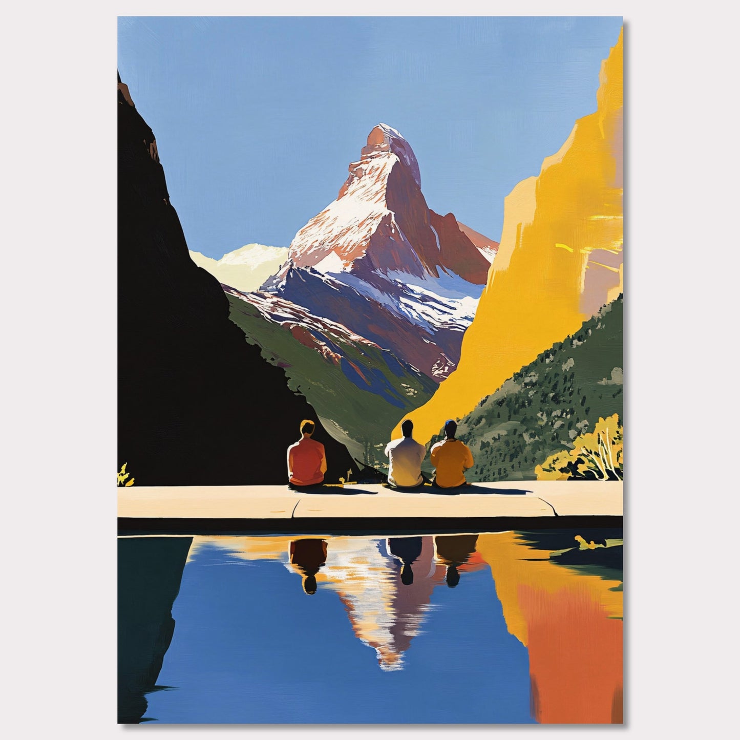 This poster takes us on a serene retreat to the breathtaking landscapes of the Swiss Alps, with the iconic Matterhorn standing proudly as the centerpiece. Three figures sit quietly at the edge of a calm reflecting pool, their silhouettes harmonizing with the tranquility of the setting. The vivid contrast of golden mountainsides, lush greenery, and the deep blue sky reflects the beauty of untouched nature. This artwork captures the essence of reflection, connection, and the majesty of alpine surroundings.