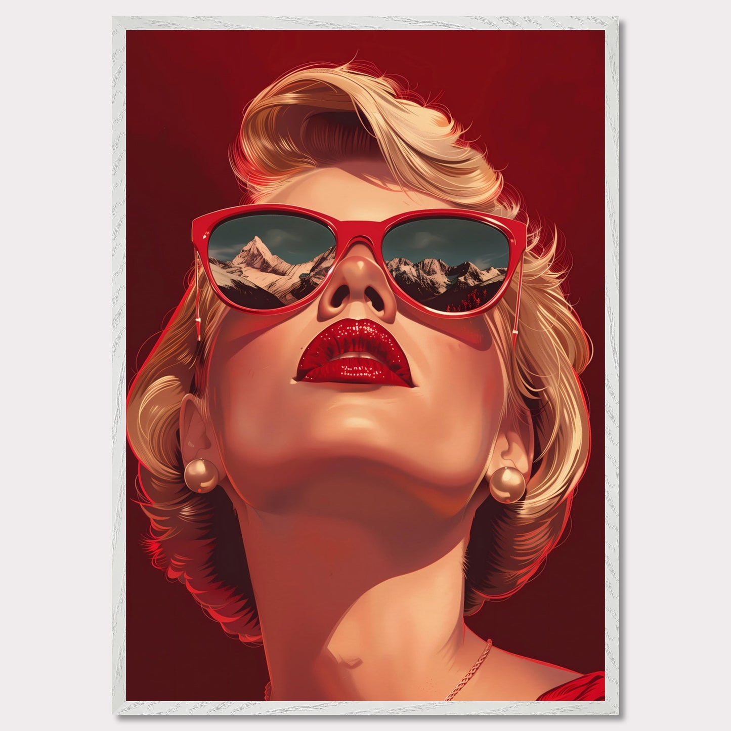 This striking artwork features a glamorous woman with blonde hair, wearing bold red sunglasses that reflect a stunning mountain landscape. Her vibrant red lips and pearl earrings add to the sophisticated and stylish aura of the piece.