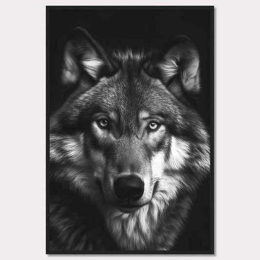 Immerse yourself in the captivating gaze of a majestic wolf with this stunning black and white portrait. The detailed fur, intense eyes, and powerful presence make this artwork a striking addition to any space.