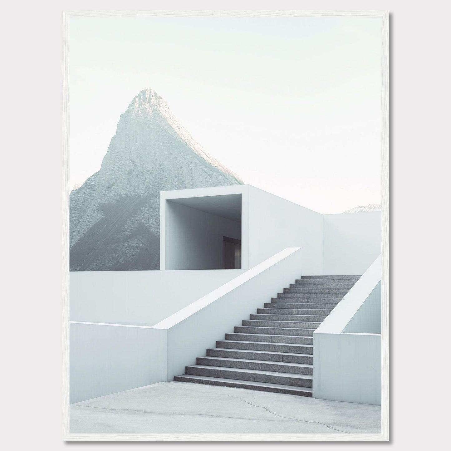 This minimalist artwork features a serene mountain backdrop with a modern architectural staircase leading to a simple, open structure. The clean lines and soft color palette evoke a sense of tranquility and sophistication.