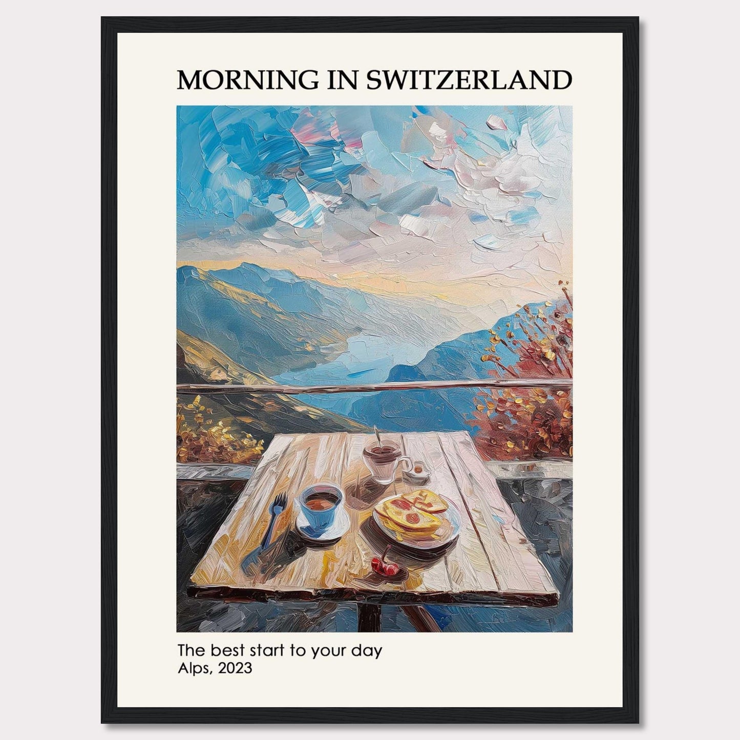 A serene morning in the Swiss Alps is depicted in this beautiful painting. The image showcases a wooden table set with a delightful breakfast, including coffee and pastries, against the backdrop of majestic mountains and a vibrant sky.