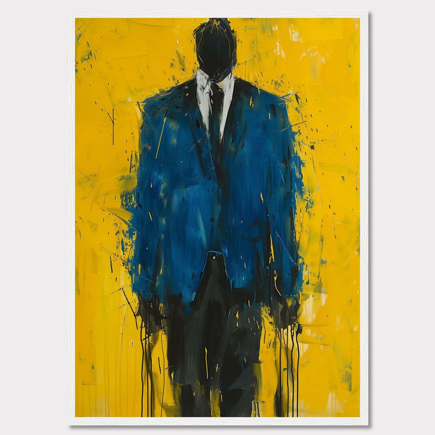 This striking painting features a faceless figure in a blue suit against a vibrant yellow background. The abstract style and bold colors create a powerful visual impact.